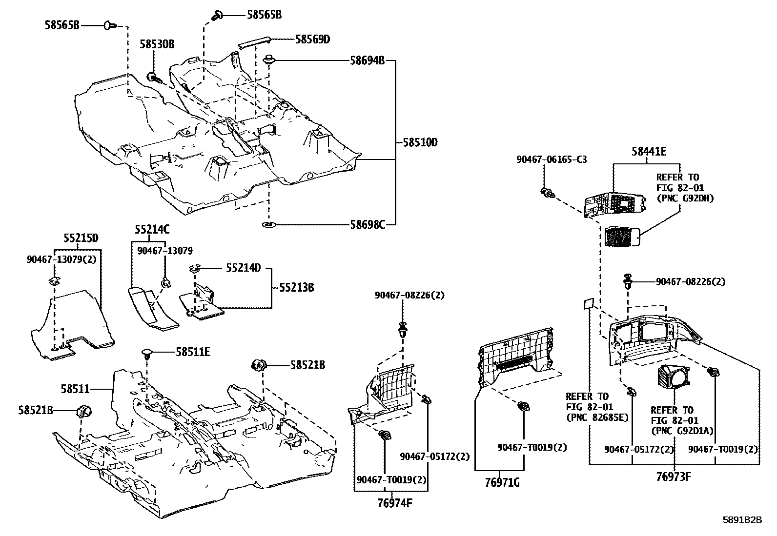 Toyota COROLLA 地板垫和地毯 EPC diagram — 5891B2B