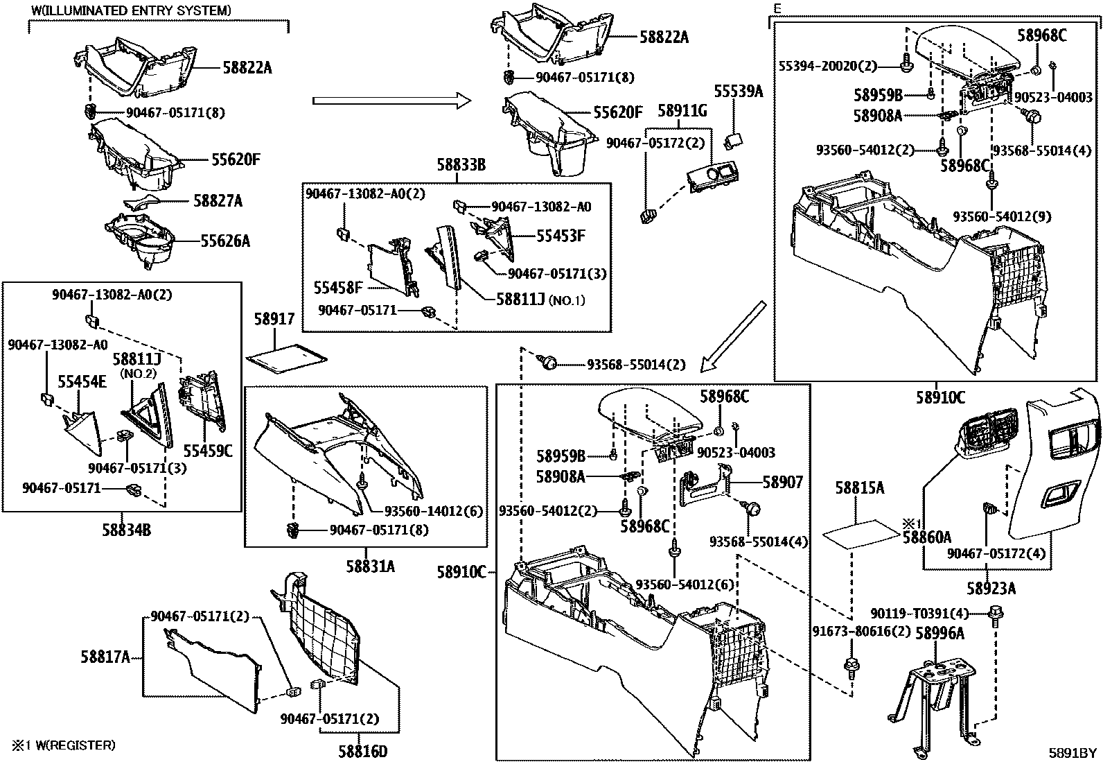 Toyota COROLLA 中央扶手箱和支架 EPC diagram — 5891BY