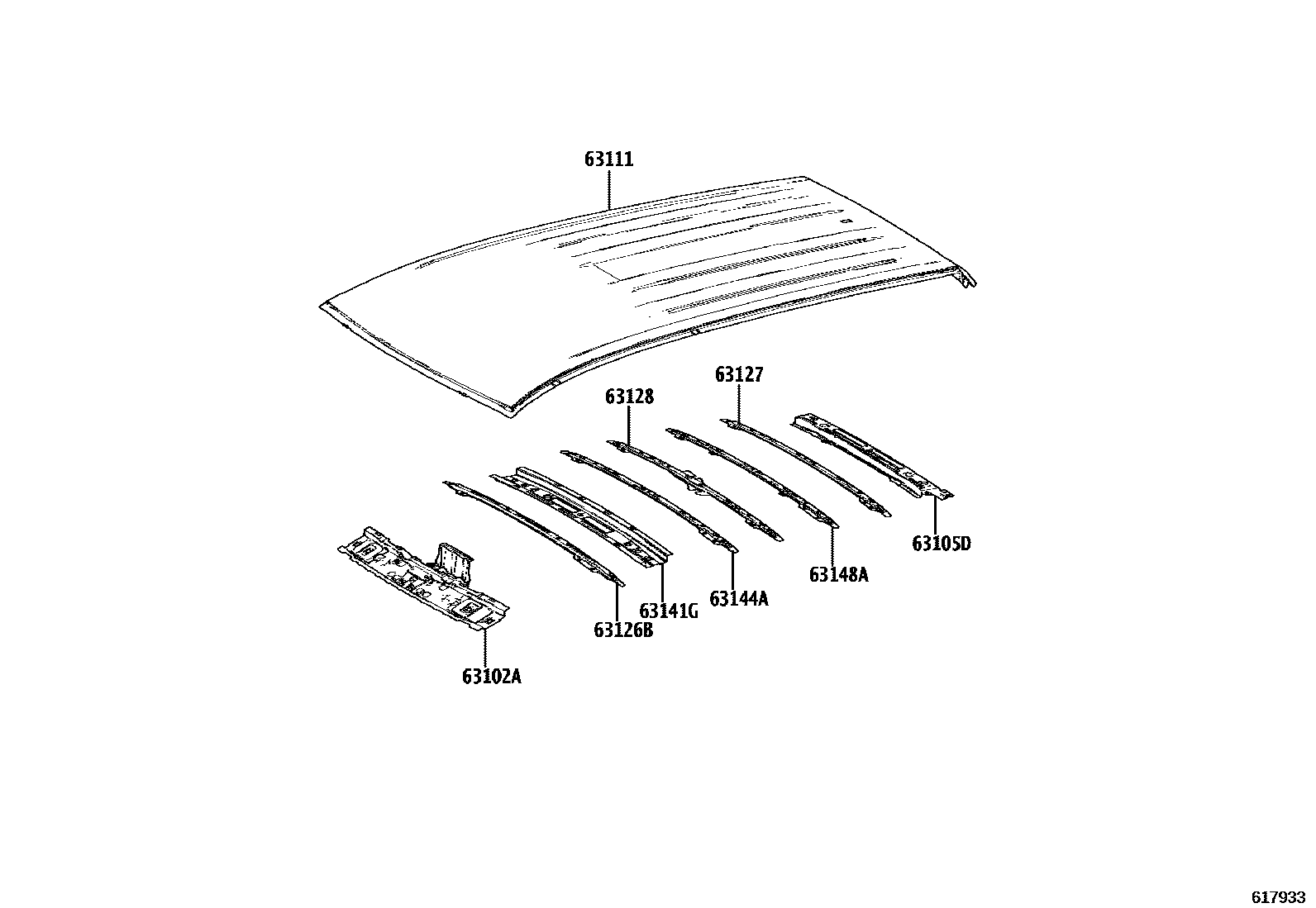 Toyota COROLLA 天窗板和背窗玻璃 EPC diagram — 617933