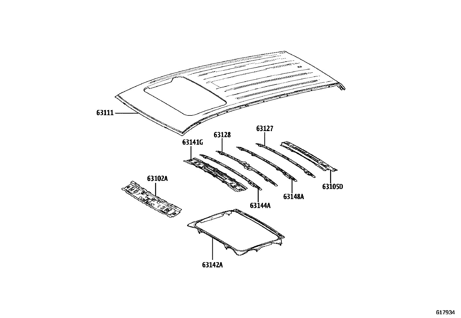 Toyota COROLLA 天窗板和背窗玻璃 EPC diagram — 617934