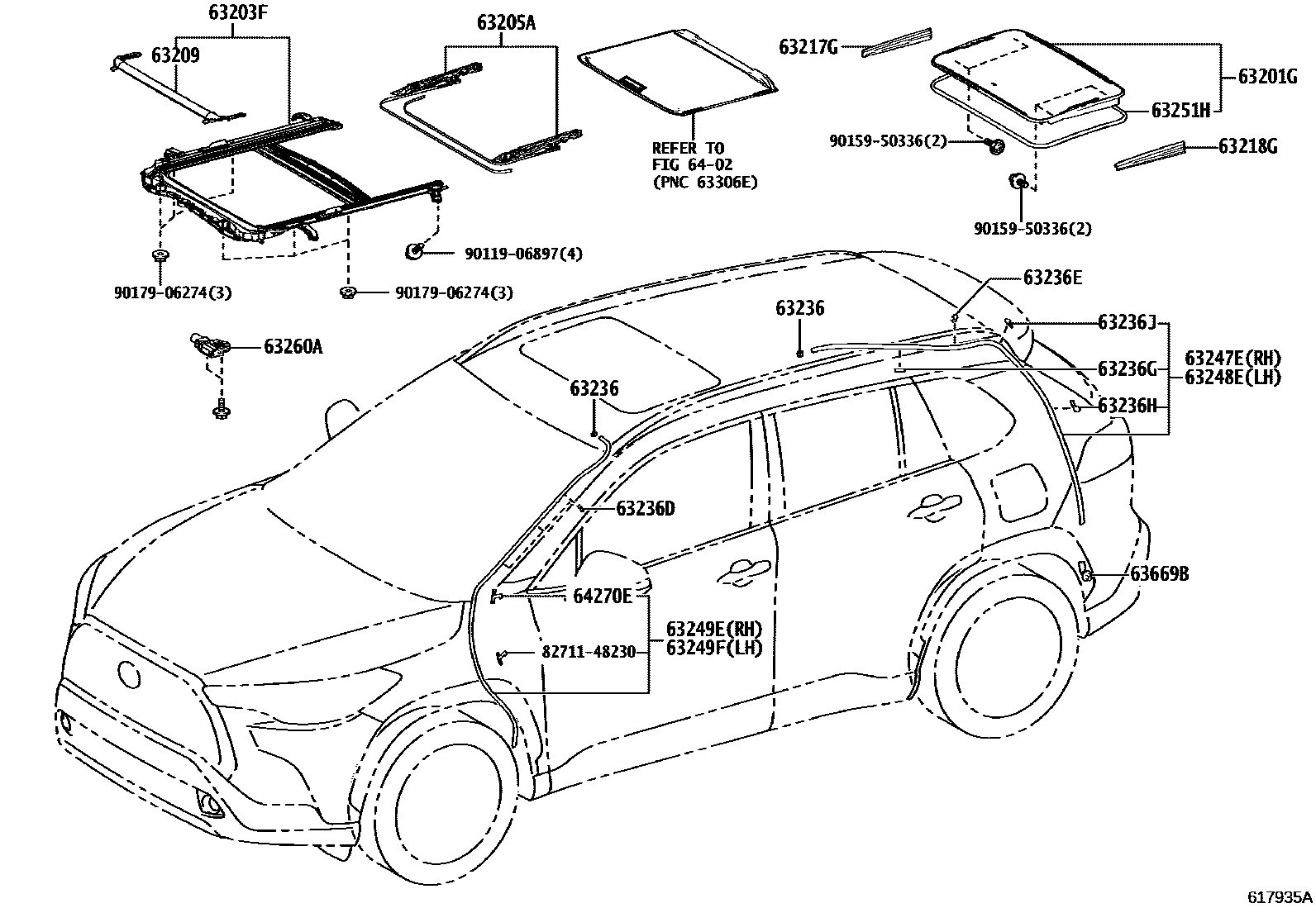 Toyota COROLLA 天窗板和背窗玻璃 EPC diagram — 617935A