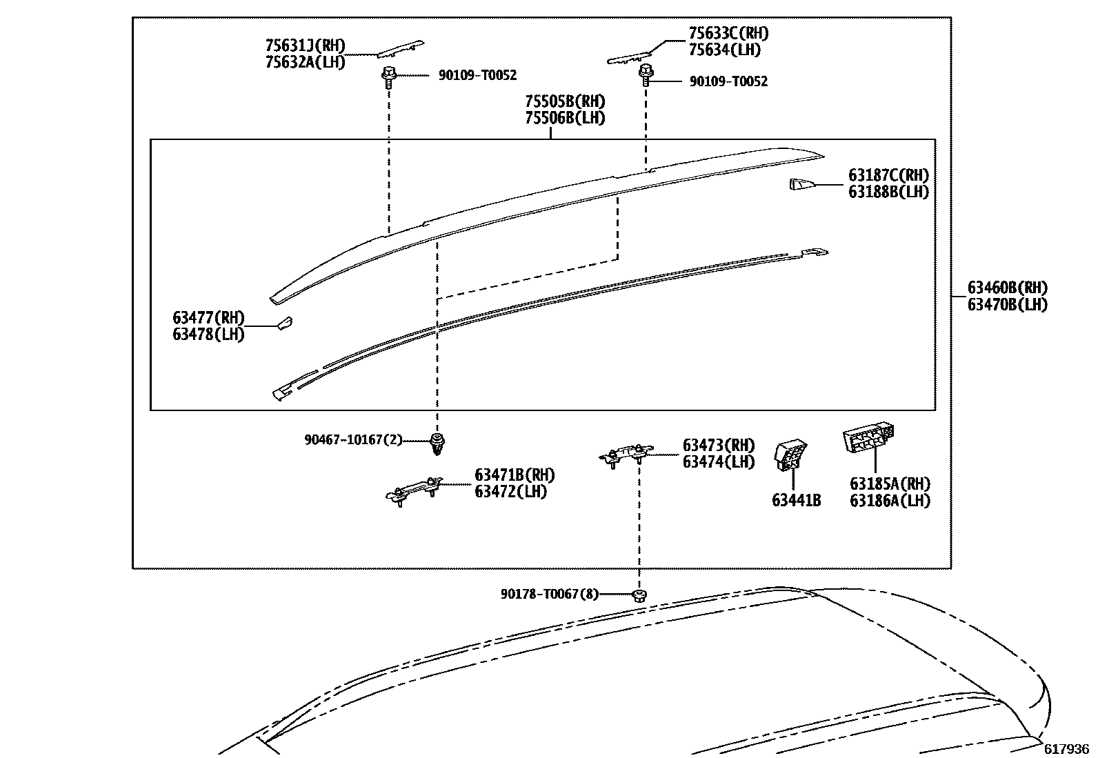 Toyota COROLLA 天窗板和背窗玻璃 EPC diagram — 617936