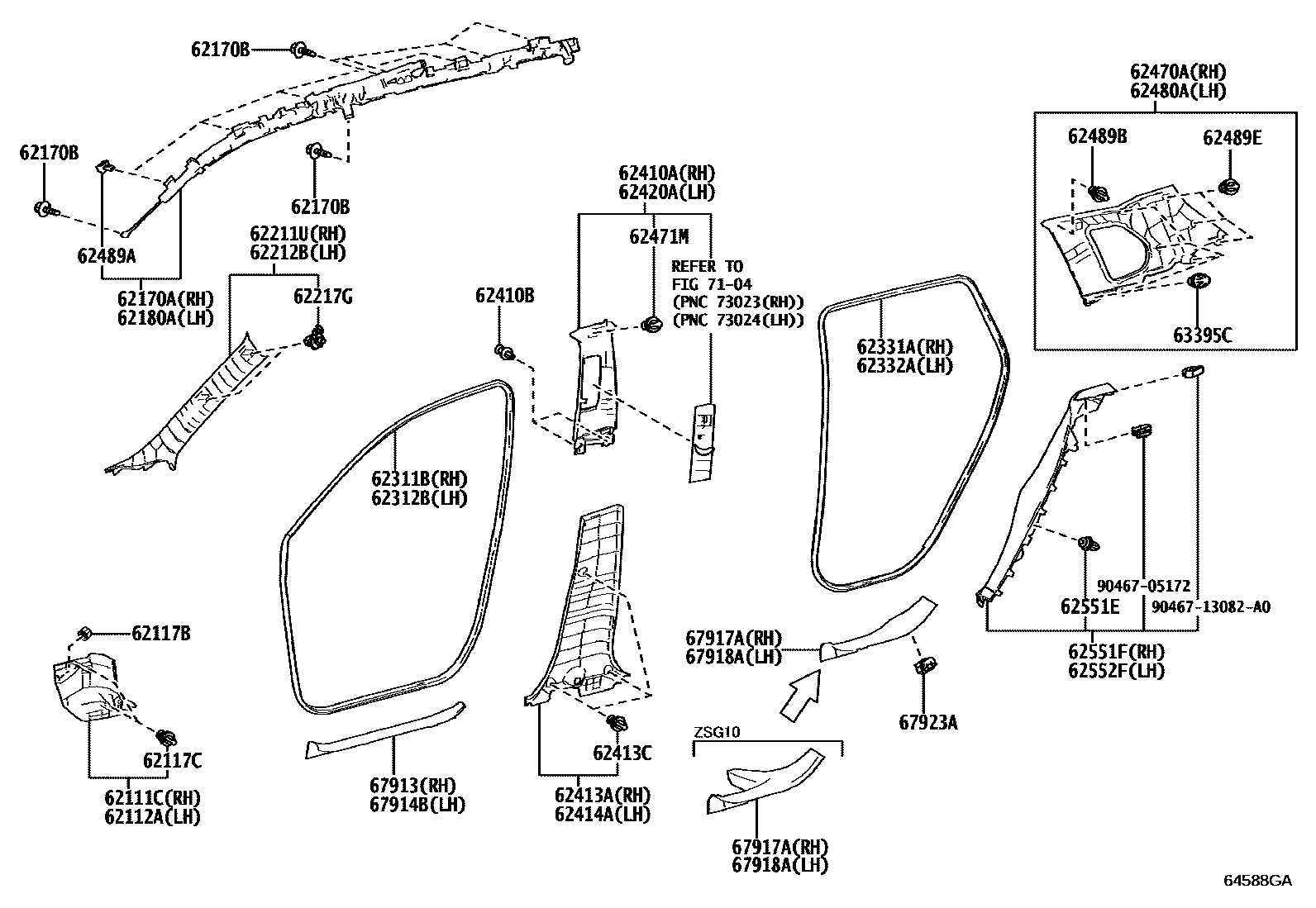 Toyota COROLLA 内饰板和车门防水胶条 EPC diagram — 64588GA
