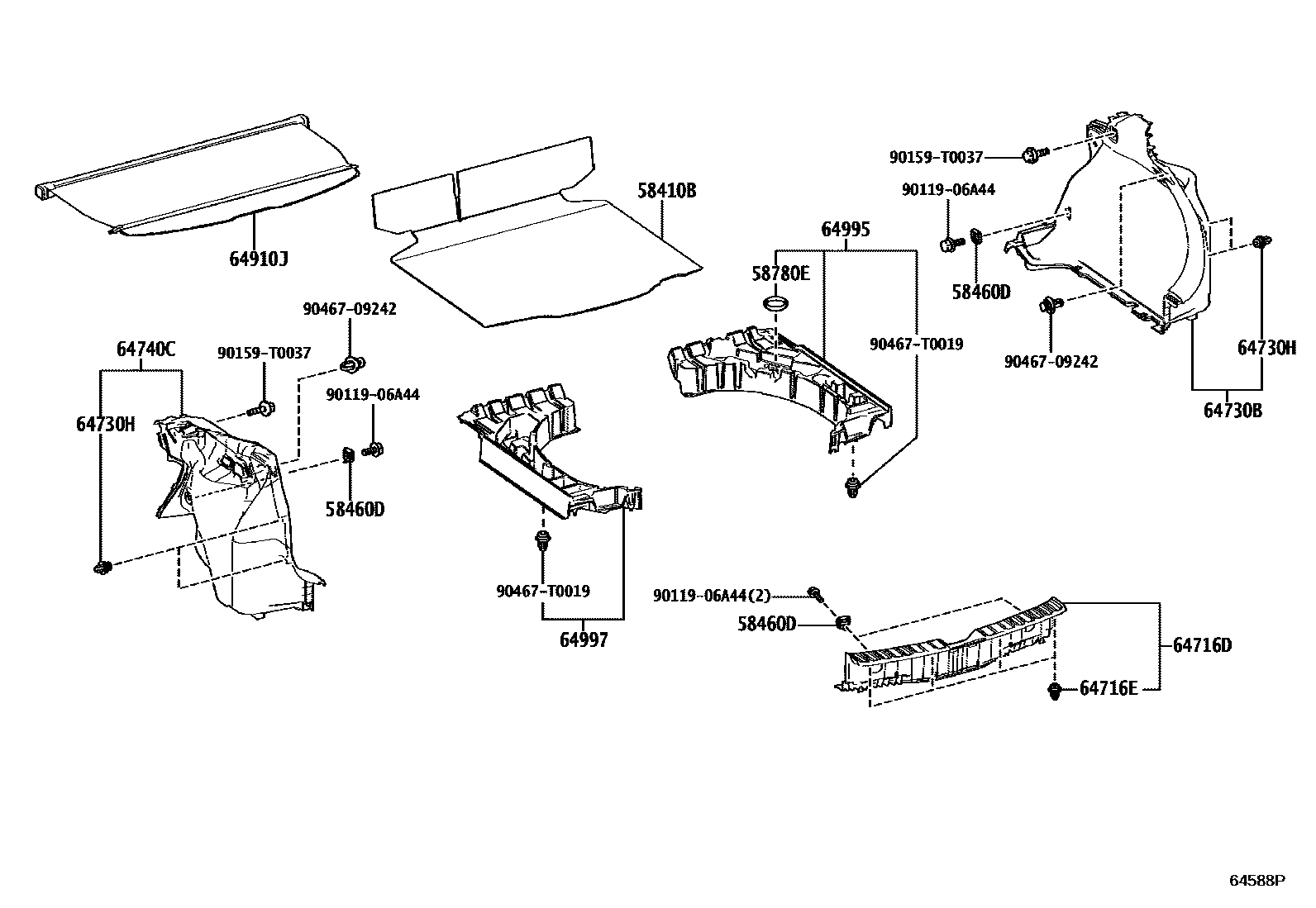 Toyota COROLLA 底板和底板装饰罩 EPC diagram — 64588P