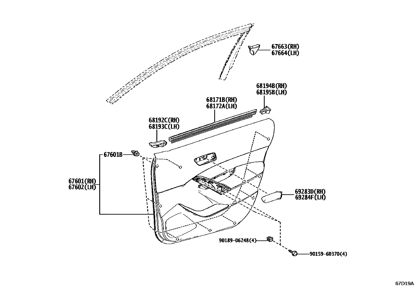 Toyota COROLLA 前门板和前门玻璃 EPC diagram — 67D19A