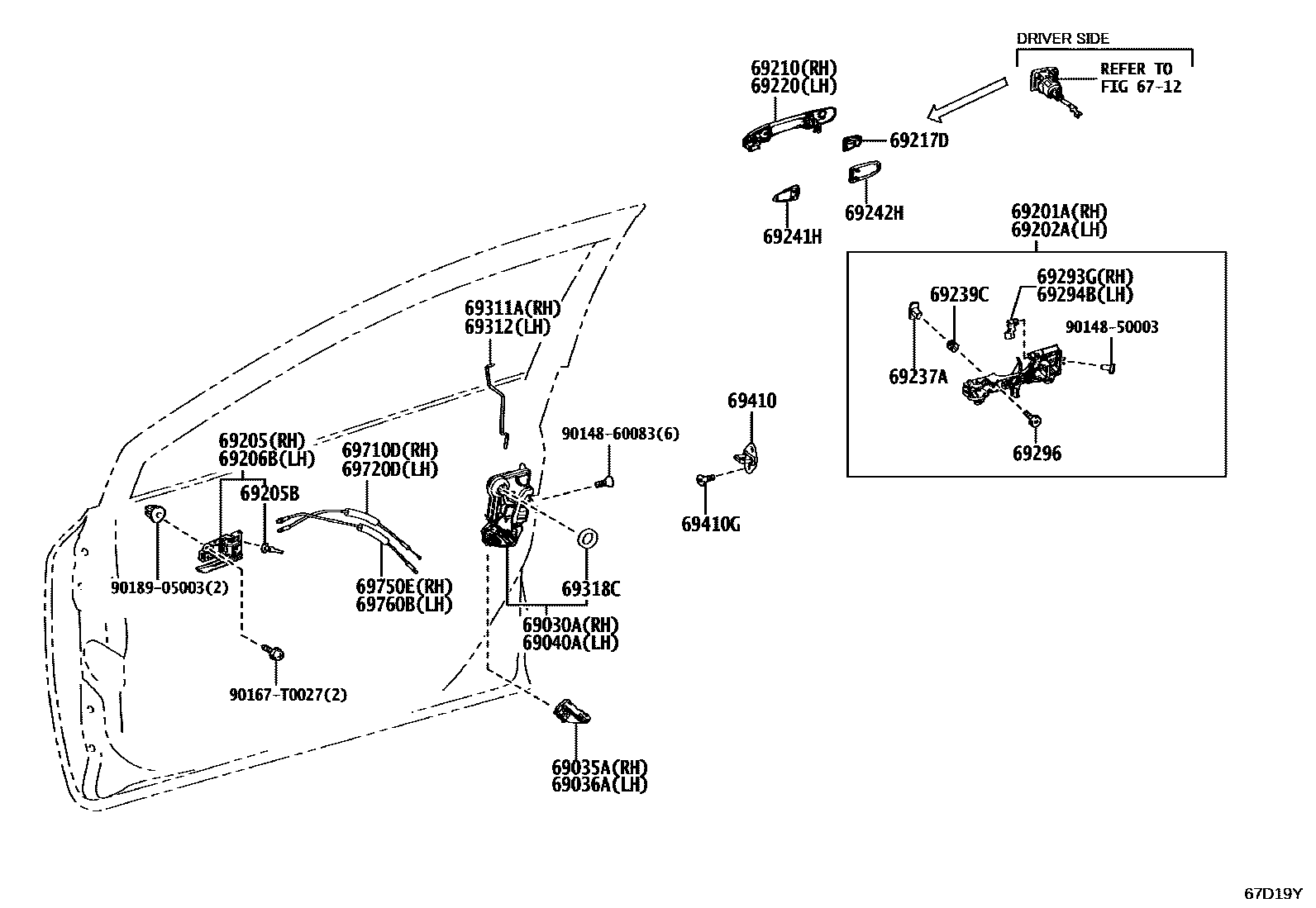 Toyota COROLLA 前门锁和车门把手 EPC diagram — 67D19Y
