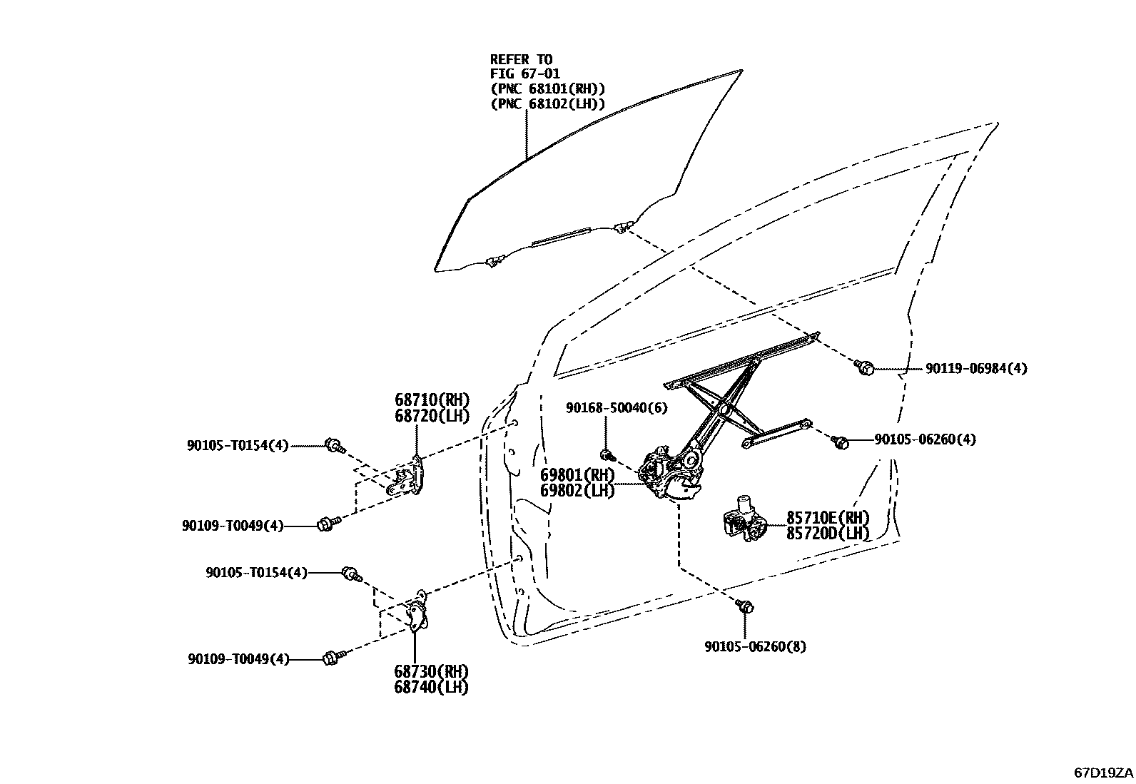 Toyota COROLLA 前门车窗升降器和合页 EPC diagram — 67D19ZA