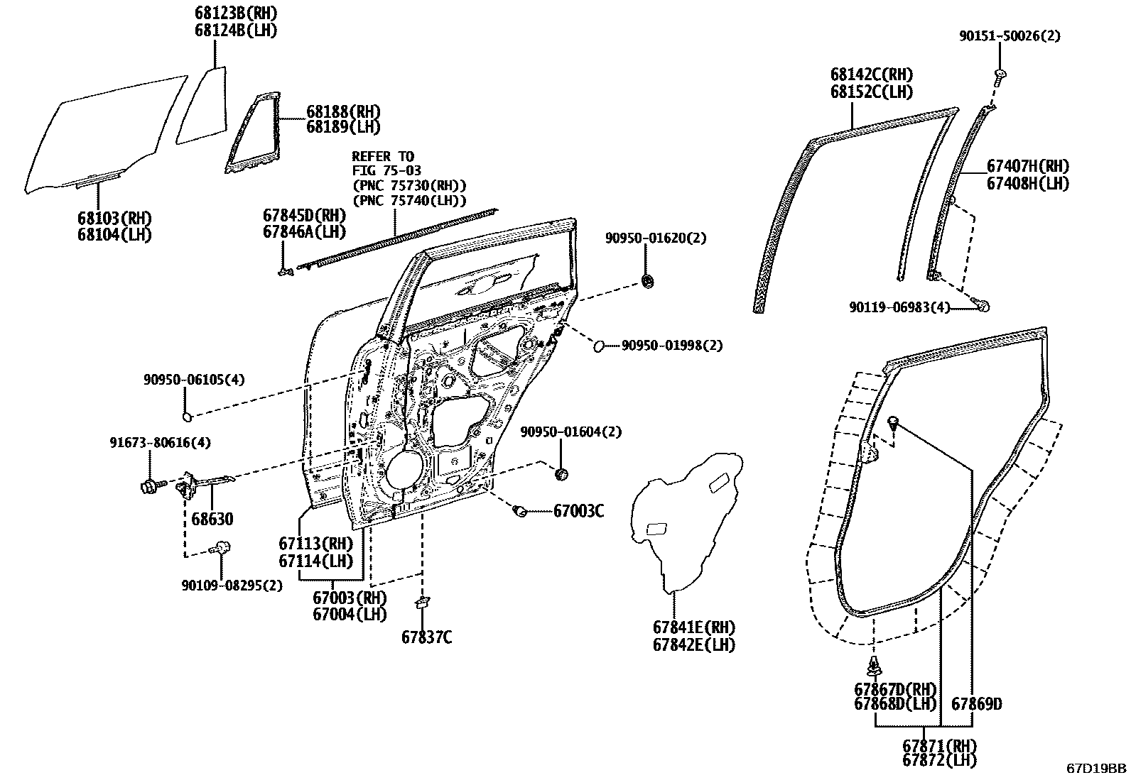 Toyota COROLLA 后门板和后门玻璃 EPC diagram — 67D19BB