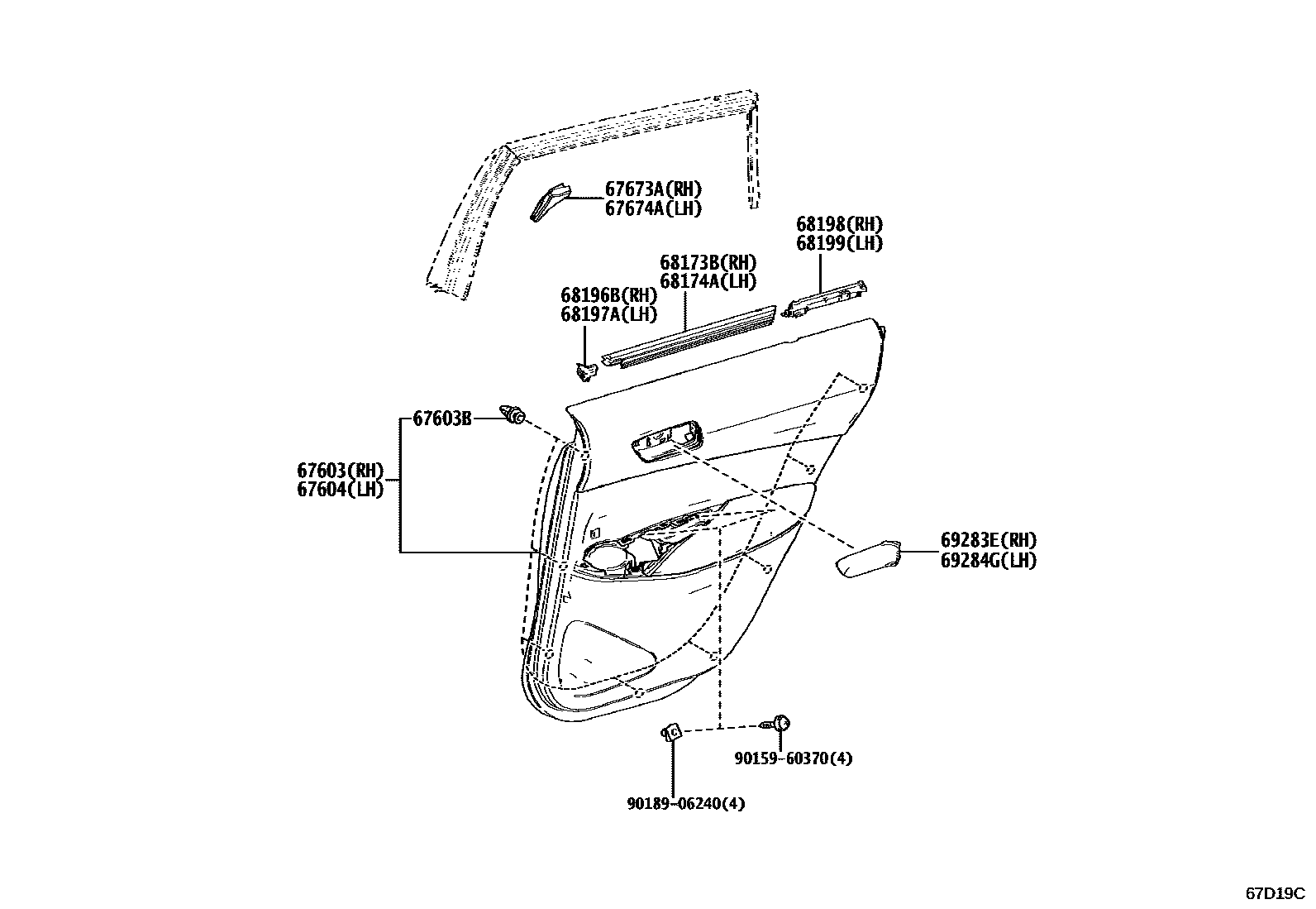 Toyota COROLLA 后门板和后门玻璃 EPC diagram — 67D19C