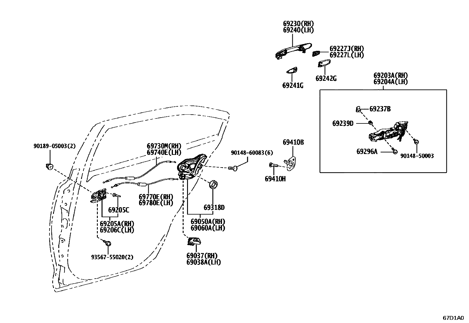 Toyota COROLLA 后门锁和后门把手 EPC diagram — 67D1A0