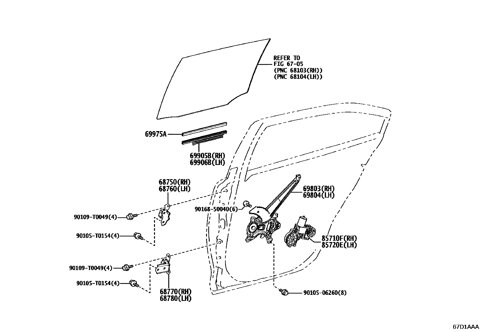 Toyota COROLLA 后门车窗升降器和合页 EPC diagram — 67D1AAA