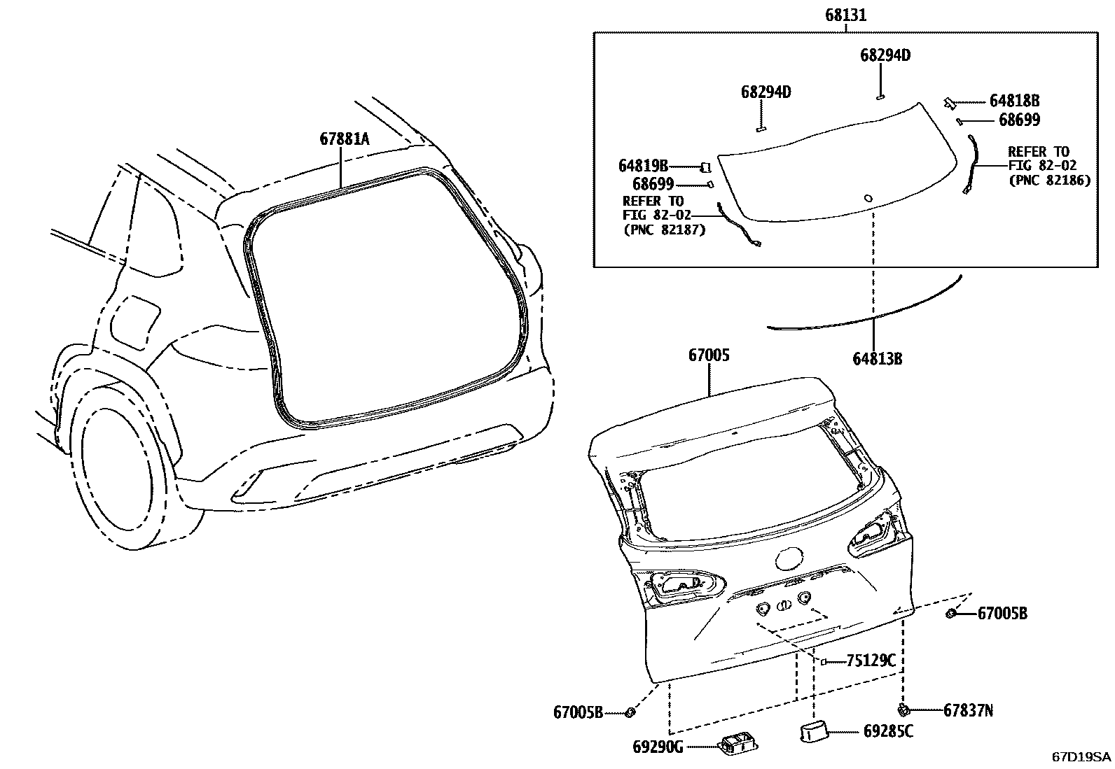 Toyota COROLLA 背门板和背门玻璃 EPC diagram — 67D19SA