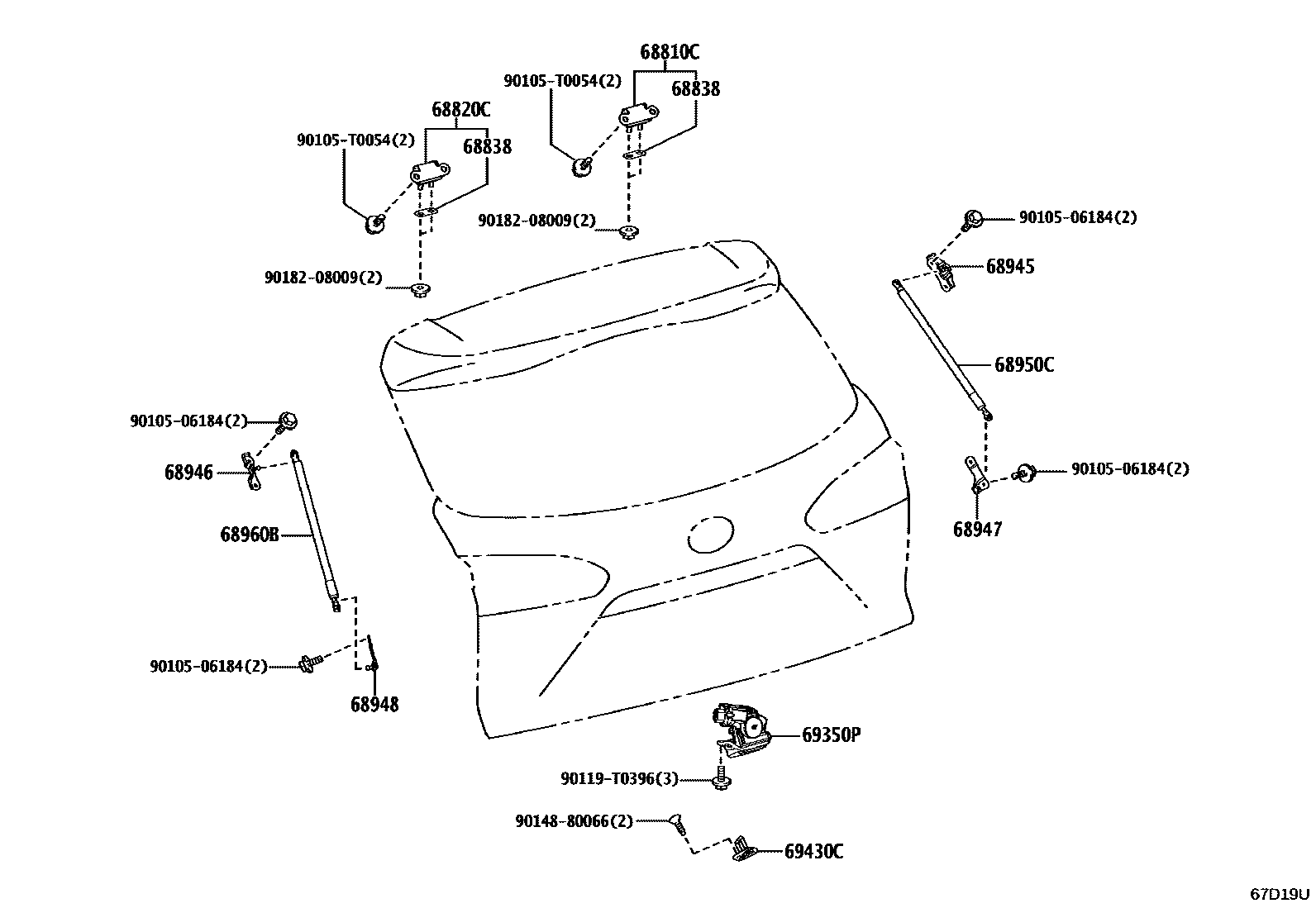 Toyota COROLLA 背门锁和背门把手 EPC diagram — 67D19U