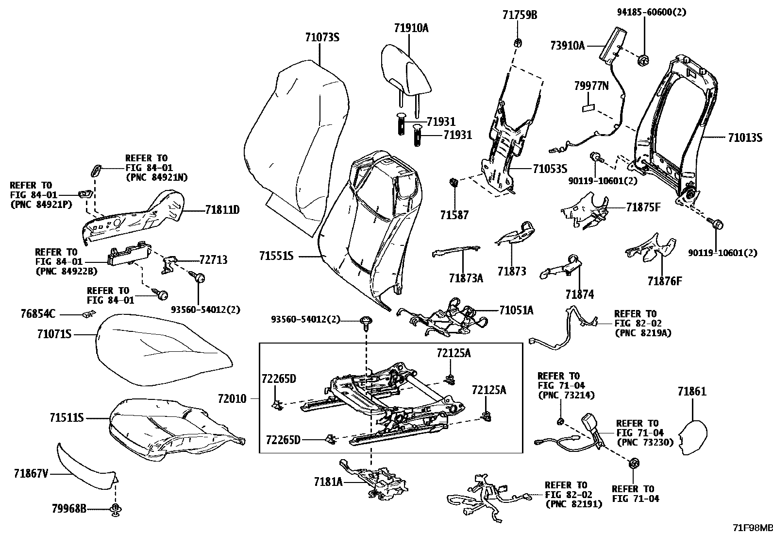 Toyota COROLLA 前排座椅和座椅滑轨 EPC diagram — 71F98MB