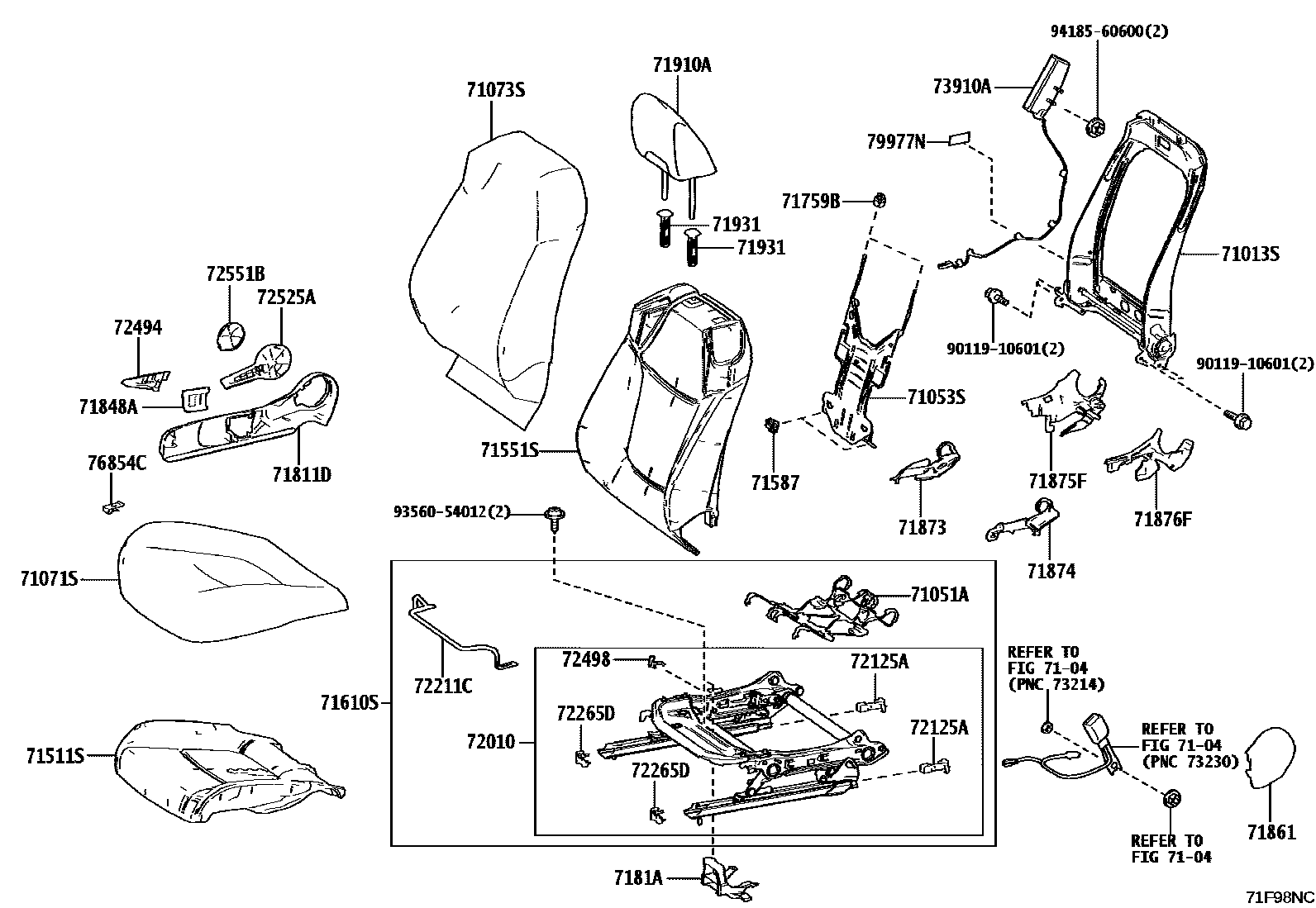 Toyota COROLLA 前排座椅和座椅滑轨 EPC diagram — 71F98NC