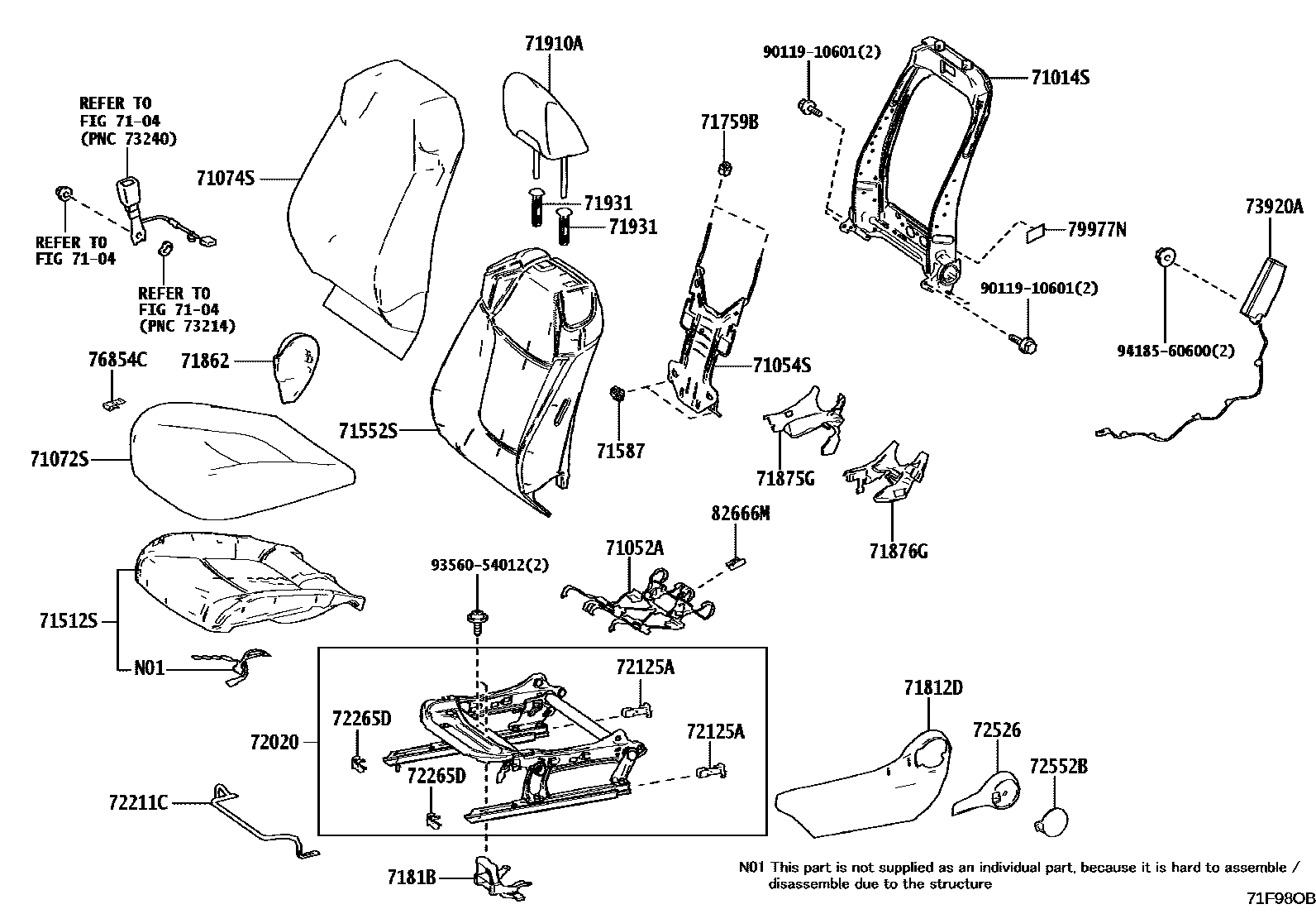 Toyota COROLLA 前排座椅和座椅滑轨 EPC diagram — 71F98OB
