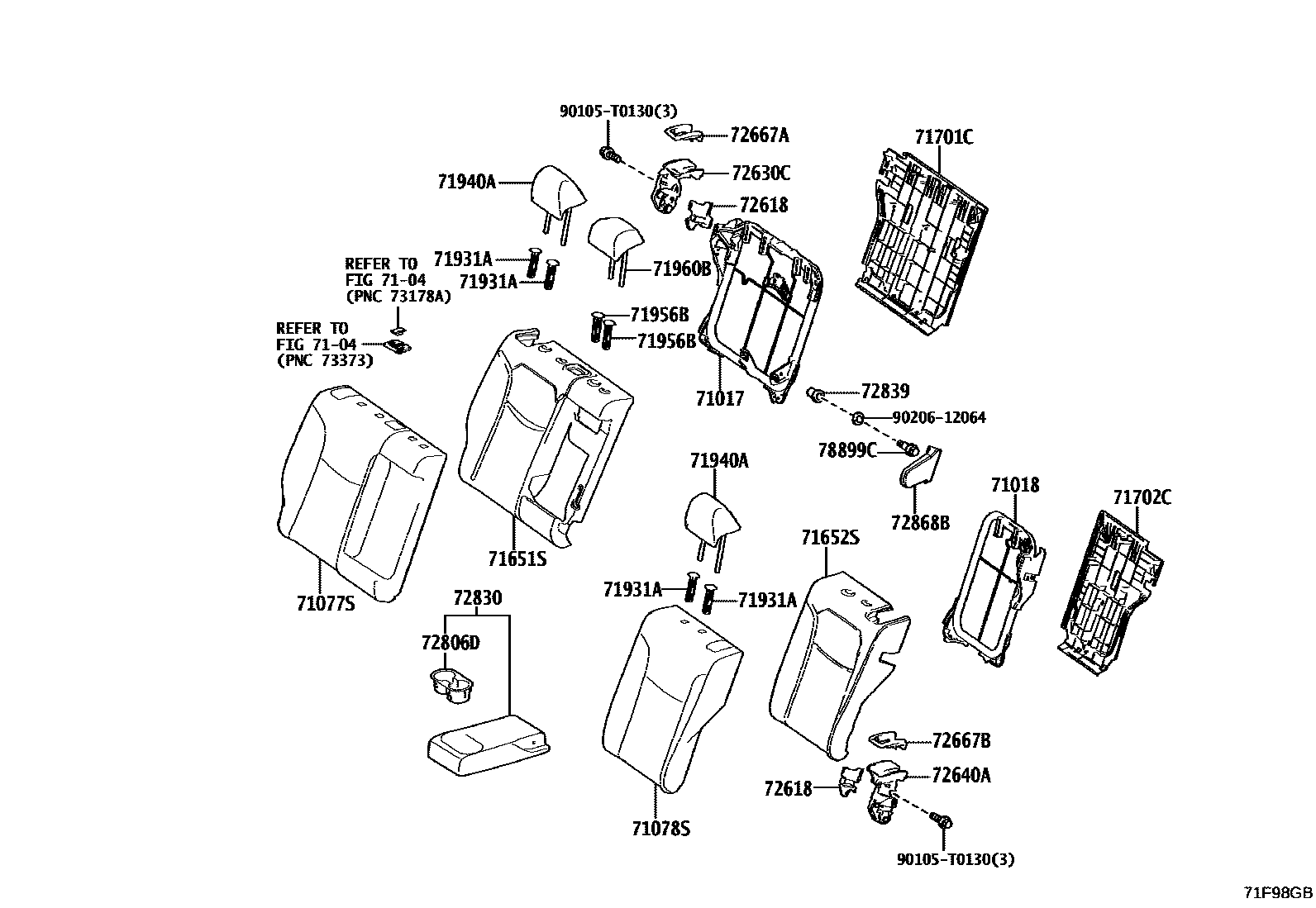 Toyota COROLLA 后排座椅和座椅滑轨 EPC diagram — 71F98GB