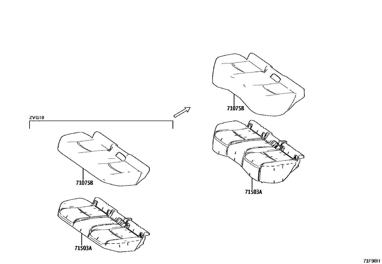 Toyota COROLLA 后排座椅和座椅滑轨 EPC diagram — 71F98H
