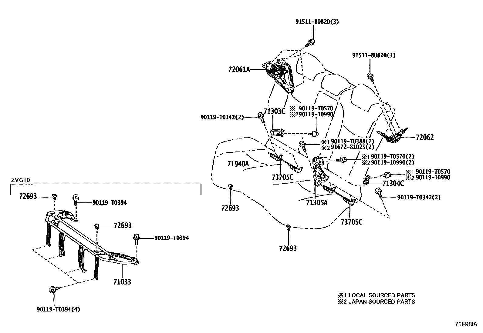 Toyota COROLLA 后排座椅和座椅滑轨 EPC diagram — 71F98IA
