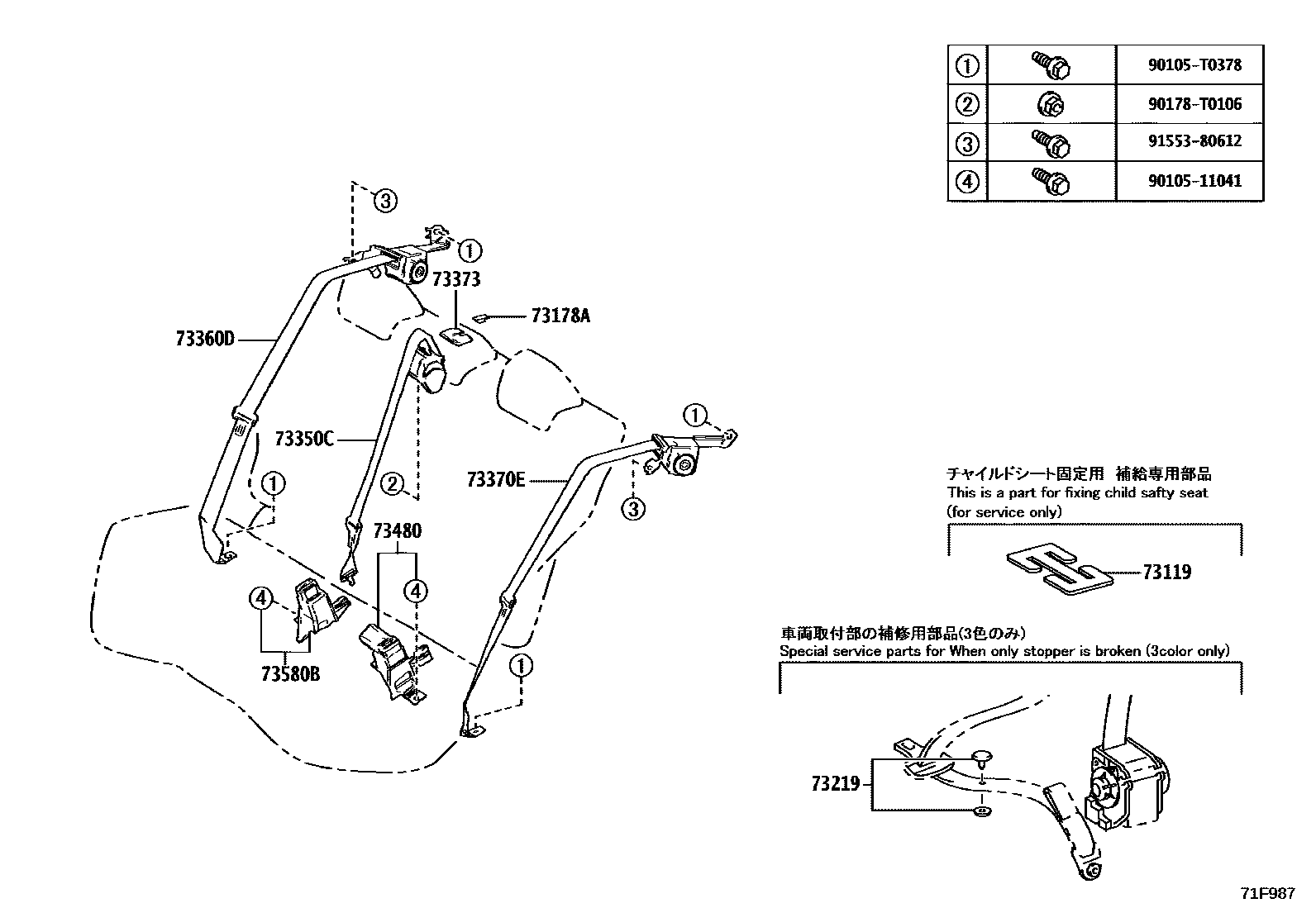 Toyota COROLLA 安全带和儿童保护座椅 EPC diagram — 71F987