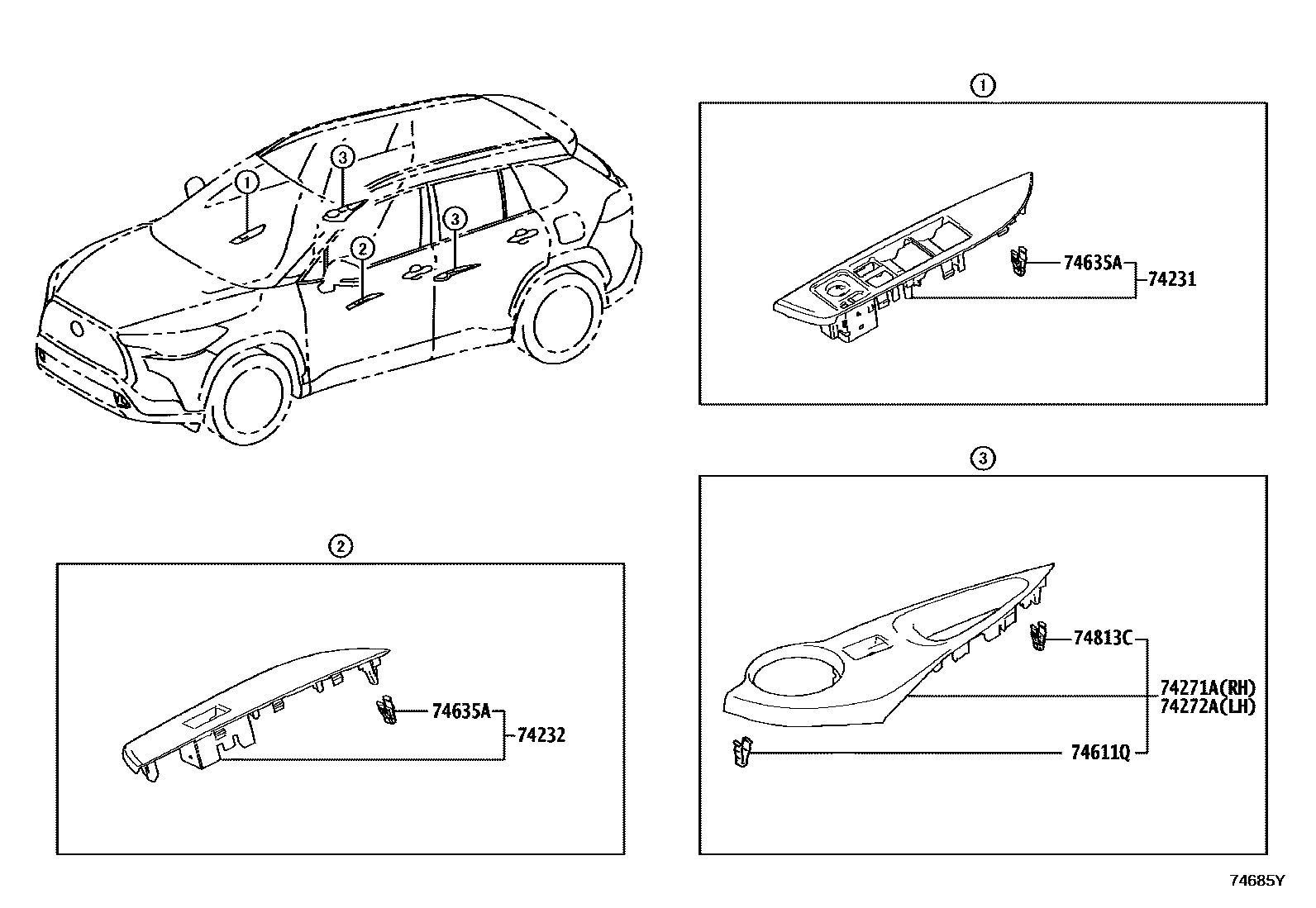 Toyota COROLLA 扶手和遮阳板 EPC diagram — 74685Y