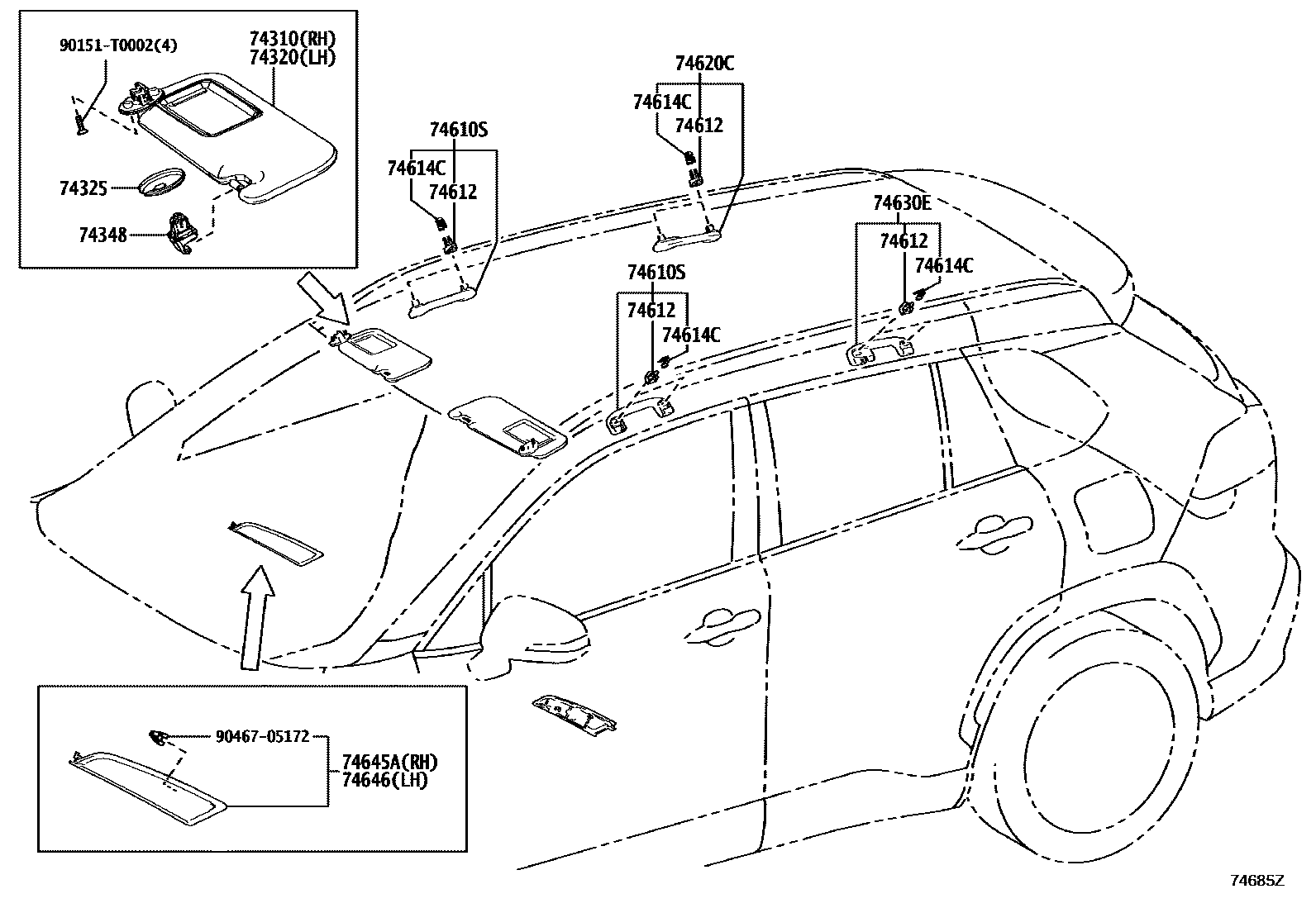 Toyota COROLLA 扶手和遮阳板 EPC diagram — 74685Z