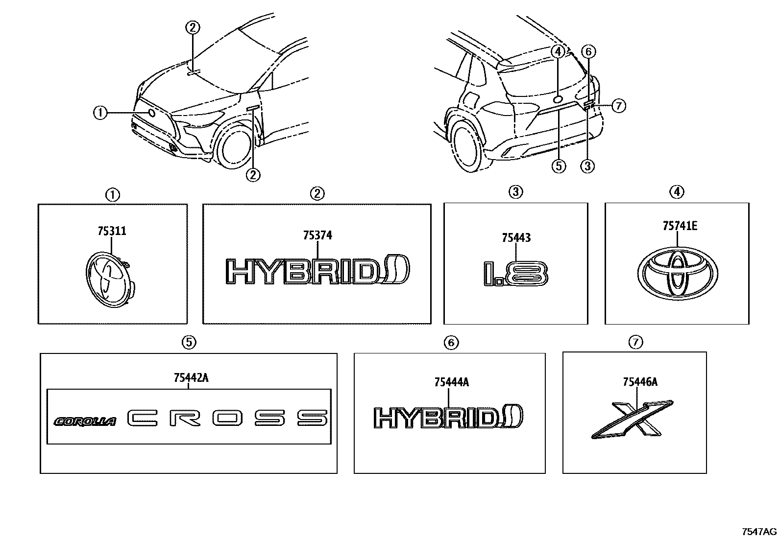 Toyota COROLLA 丰田徽标和铭牌(车外和车内) EPC diagram — 7547AG