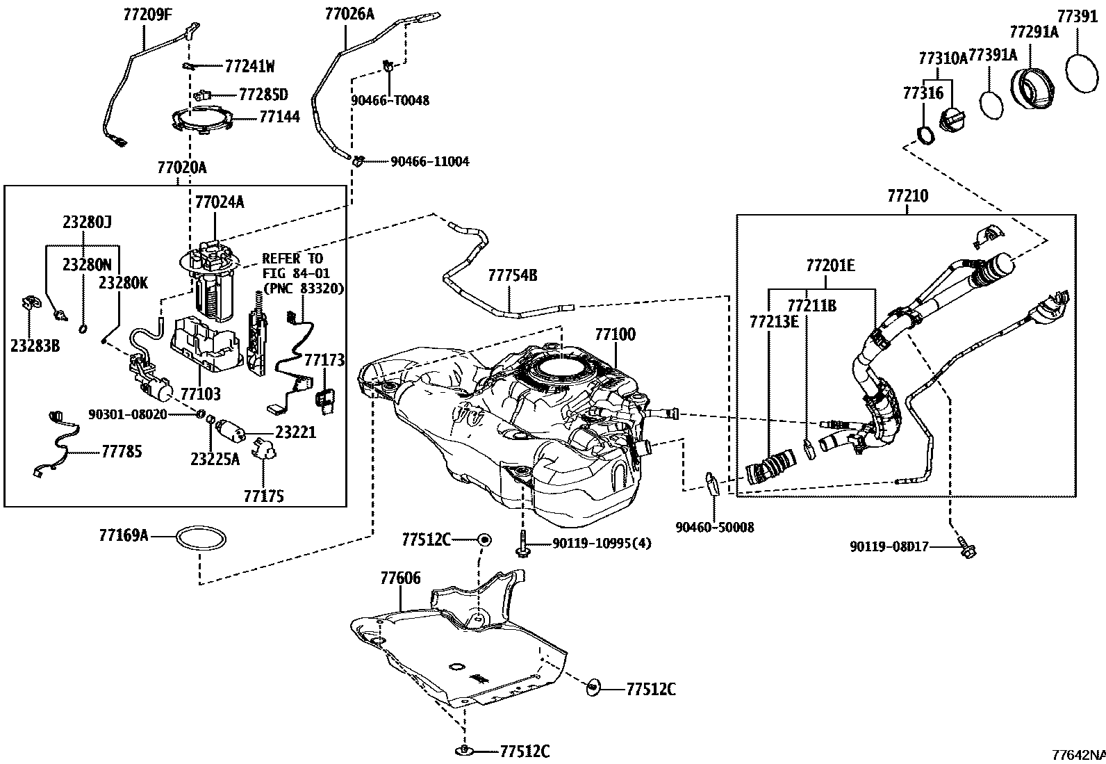 Toyota COROLLA 燃油箱和燃油管 EPC diagram — 77642NA