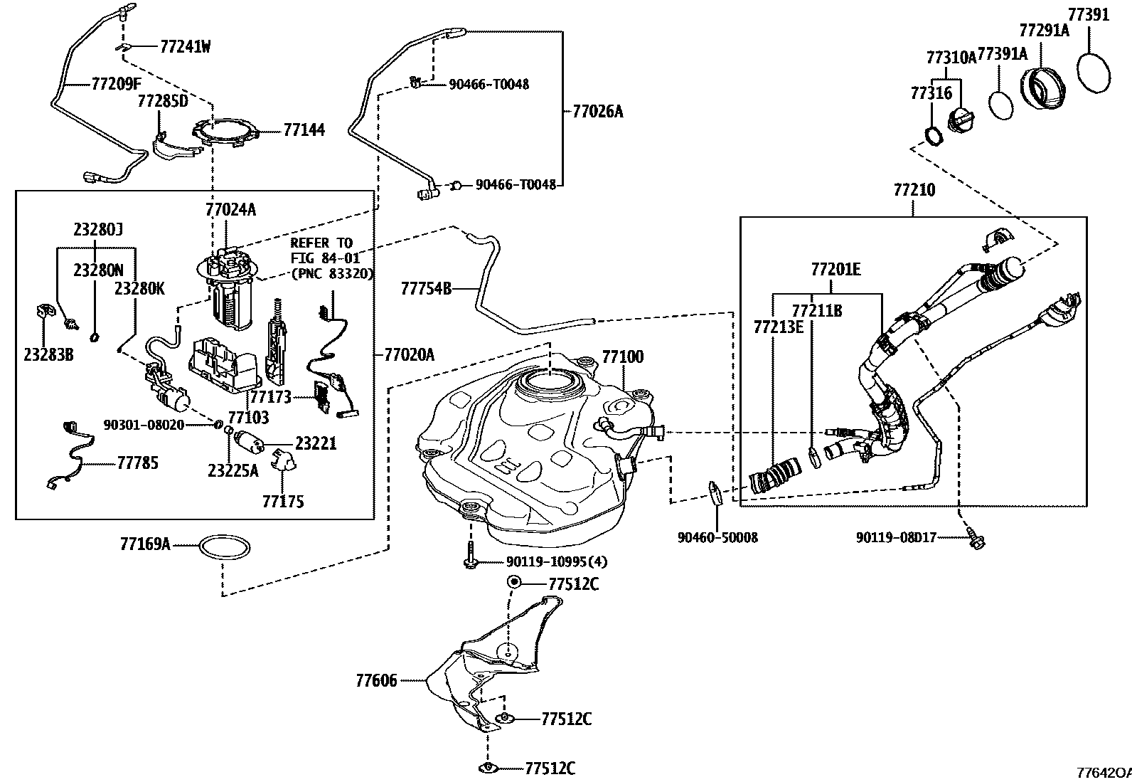 Toyota COROLLA 燃油箱和燃油管 EPC diagram — 77642OA