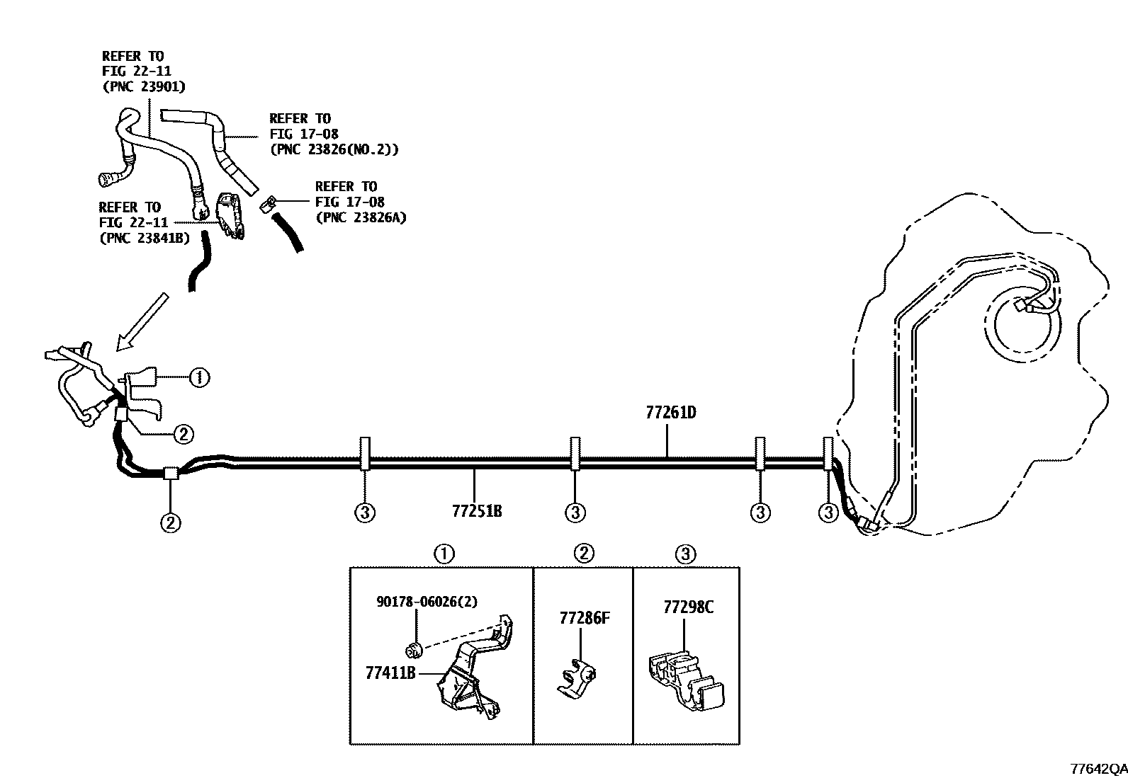 Toyota COROLLA 燃油箱和燃油管 EPC diagram — 77642QA