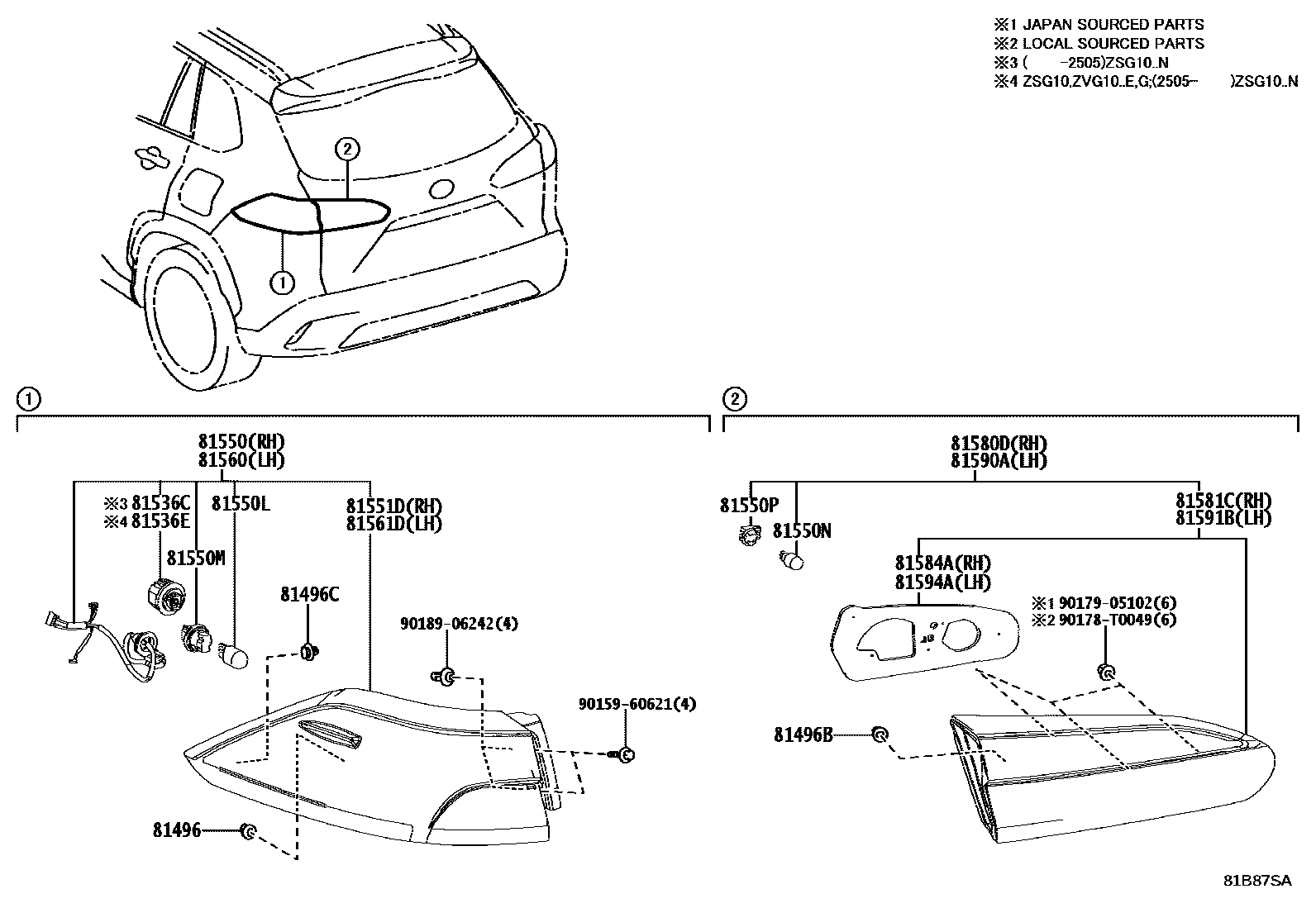 Toyota COROLLA 后组合灯 EPC diagram — 81B87SA