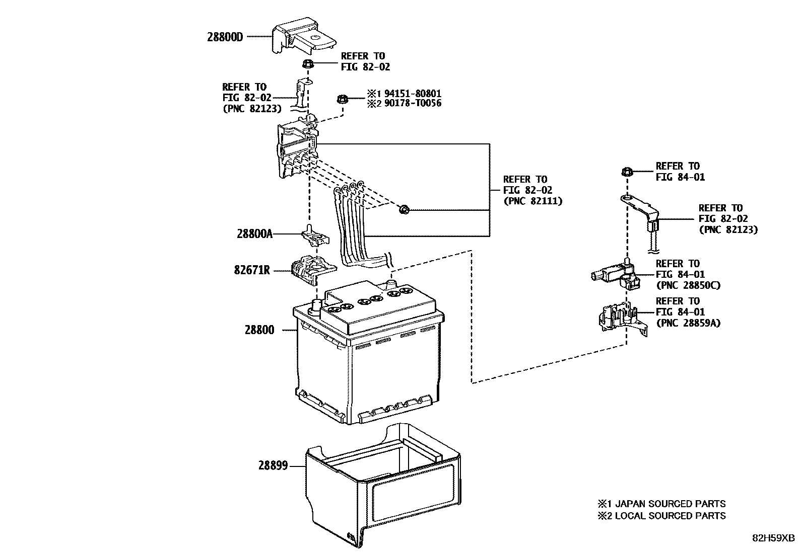 Toyota COROLLA 蓄电池和蓄电池电缆 EPC diagram — 82H59XB