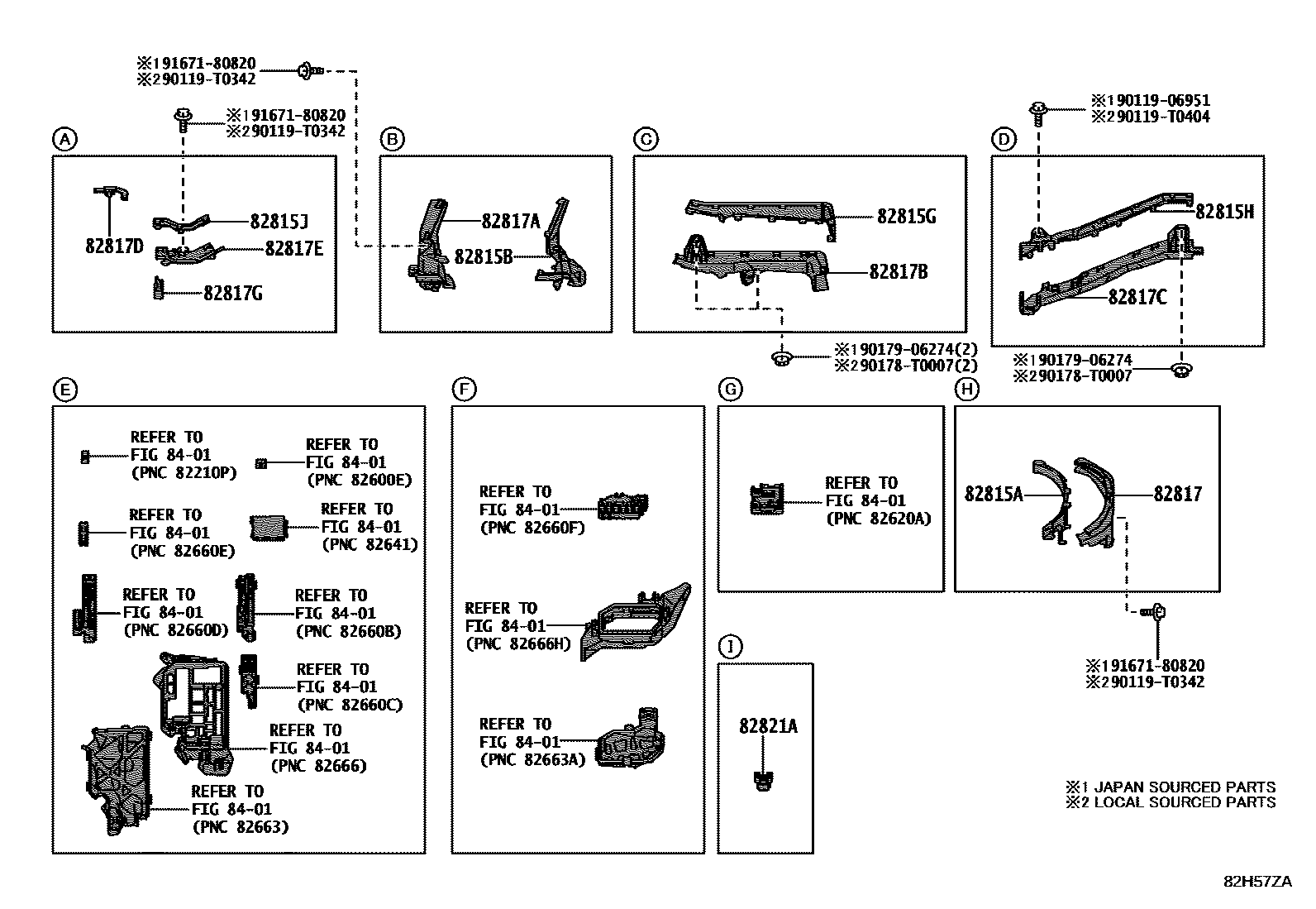 Toyota COROLLA 线束和卡夹 EPC diagram — 82H57ZA
