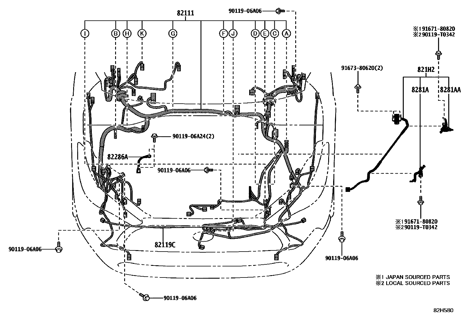 Toyota COROLLA 线束和卡夹 EPC diagram — 82H580