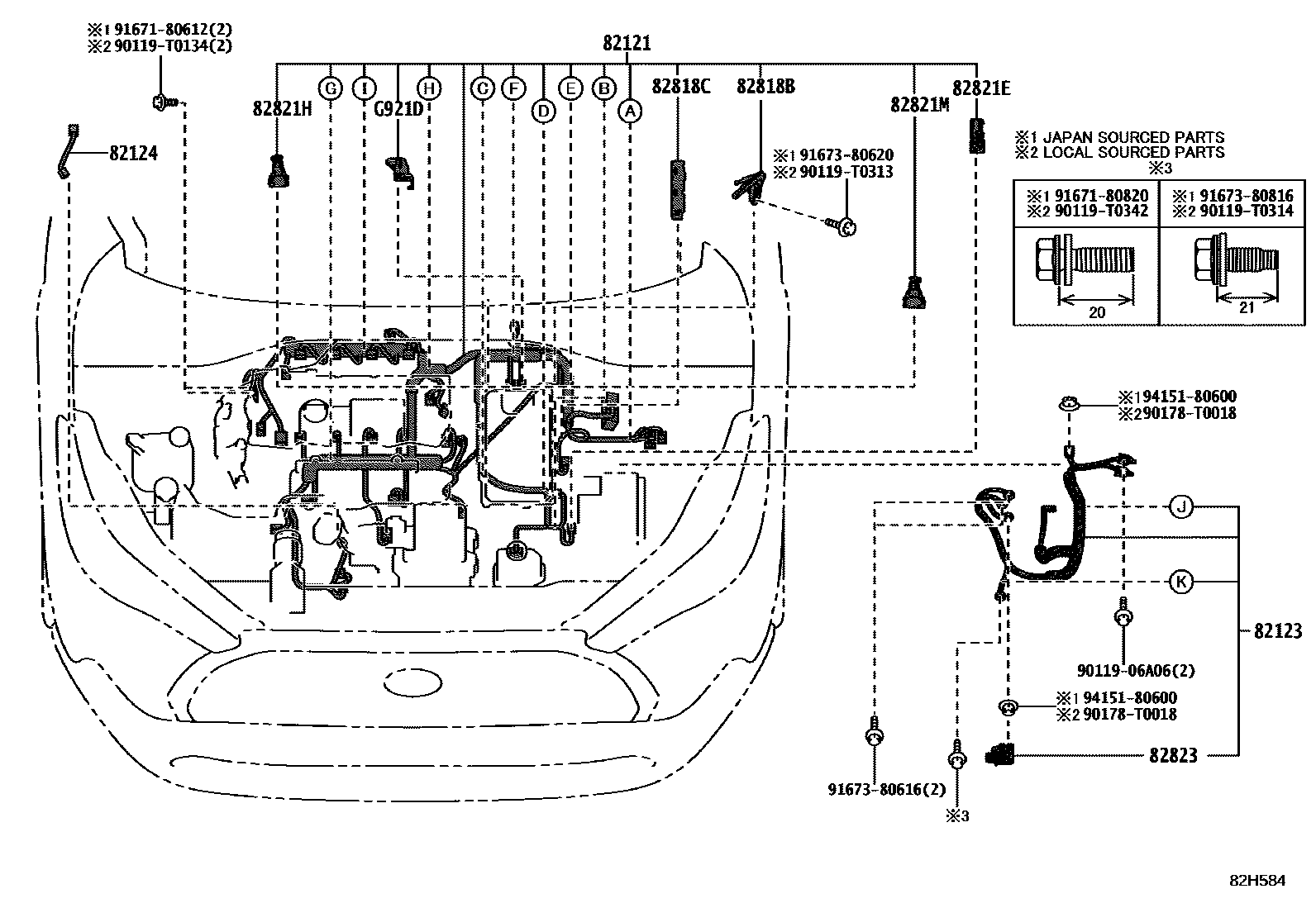 Toyota COROLLA 线束和卡夹 EPC diagram — 82H584