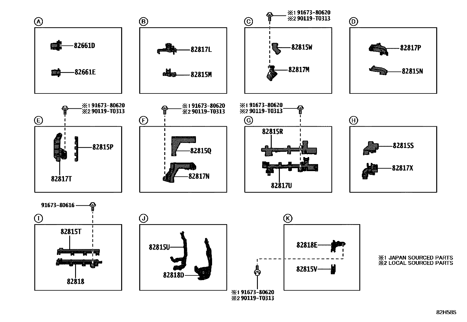 Toyota COROLLA 线束和卡夹 EPC diagram — 82H585