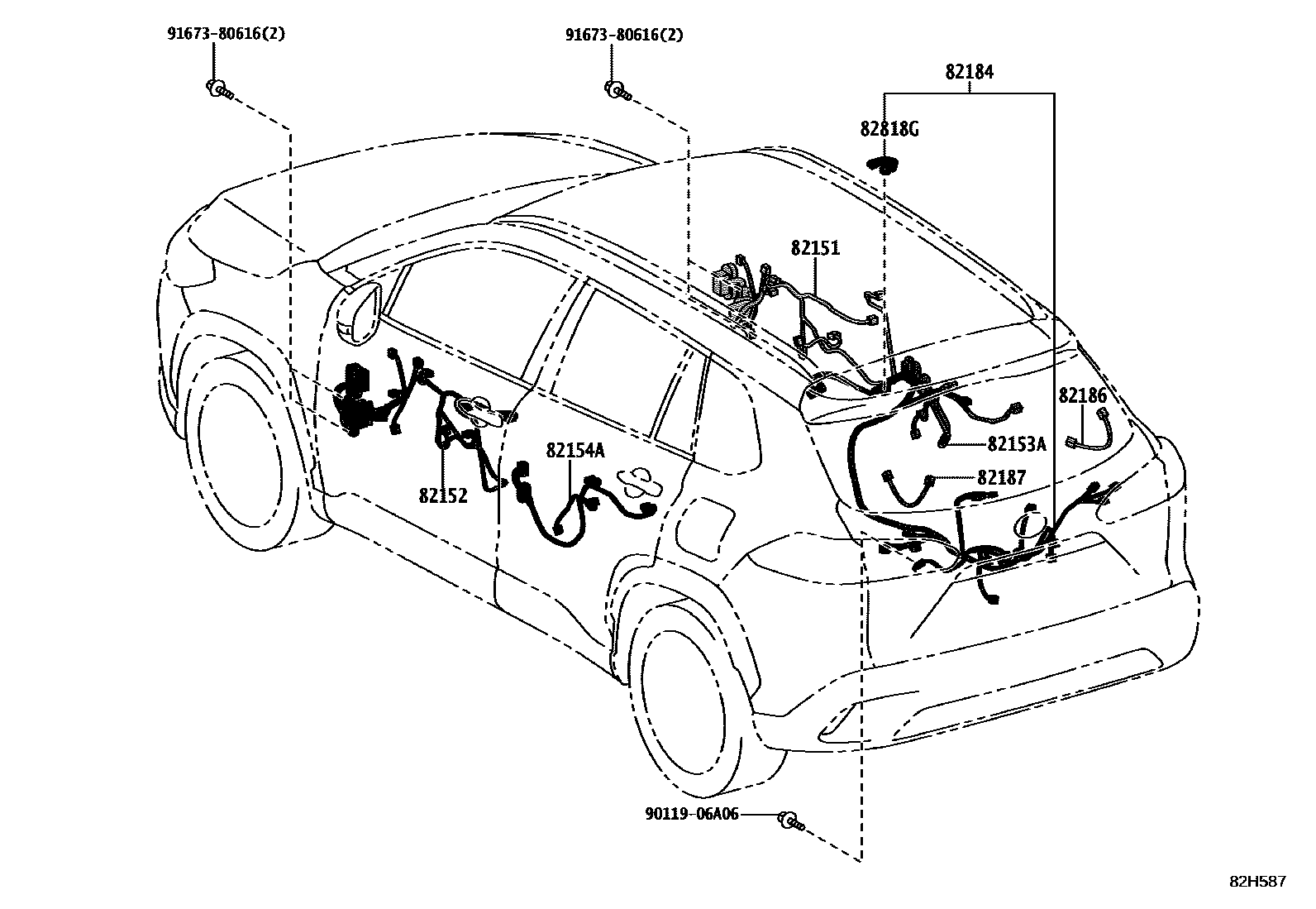 Toyota COROLLA 线束和卡夹 EPC diagram — 82H587