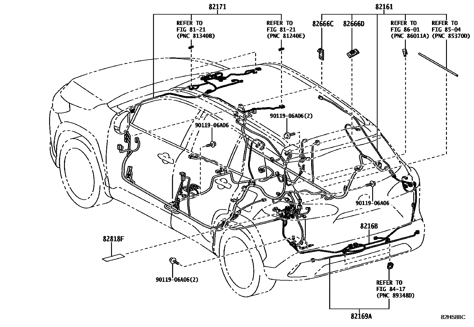 Toyota COROLLA 线束和卡夹 EPC diagram — 82H588C