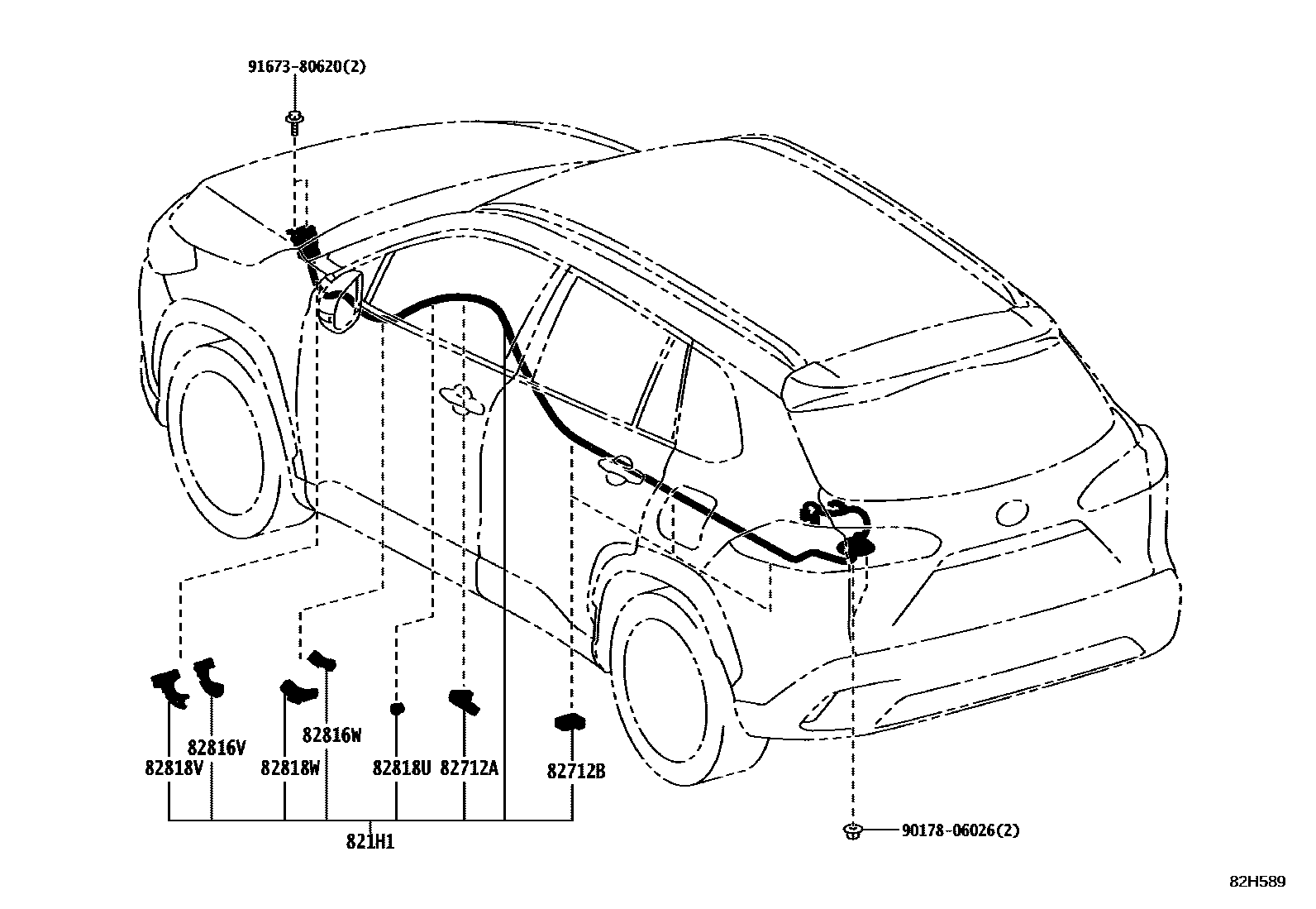 Toyota COROLLA 线束和卡夹 EPC diagram — 82H589