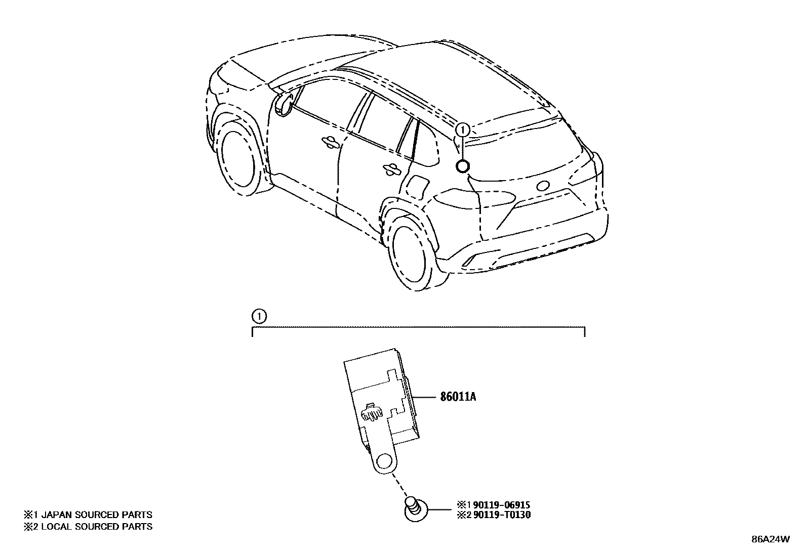 Toyota COROLLA 收音机、放大器和冷凝器 EPC diagram — 86A24W