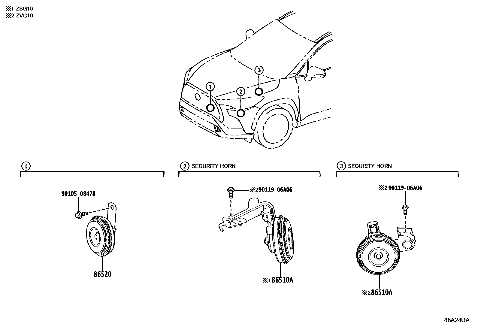 Toyota COROLLA 喇叭 EPC diagram — 86A24UA