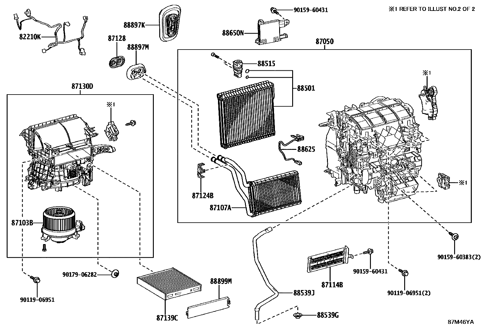 Toyota COROLLA 暖风和空调系统 - 冷却器组件 EPC diagram — 87M46YA