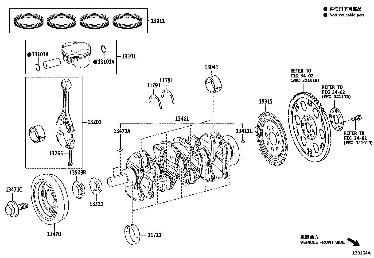 Toyota COROLLA Crankshaft & Piston EPC diagram — 133154A
