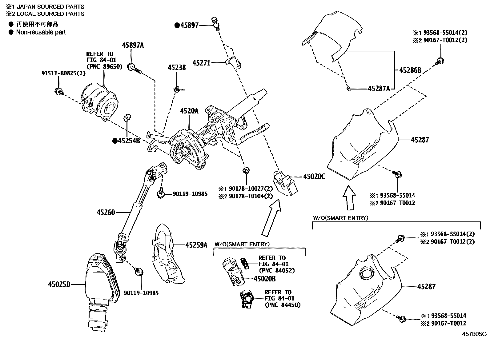 Toyota COROLLA Steering Column & Shaft EPC diagram — 457805G