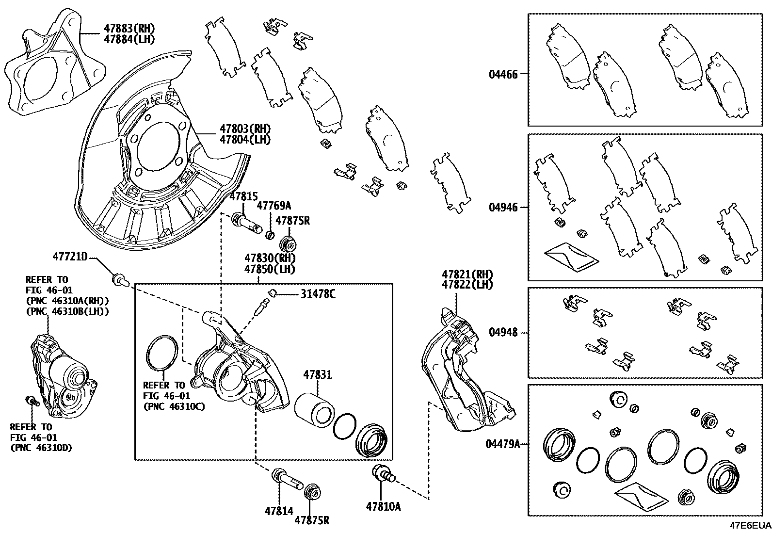 Toyota COROLLA 后盘式制动器卡钳和防尘罩 EPC diagram — 47E6EUA