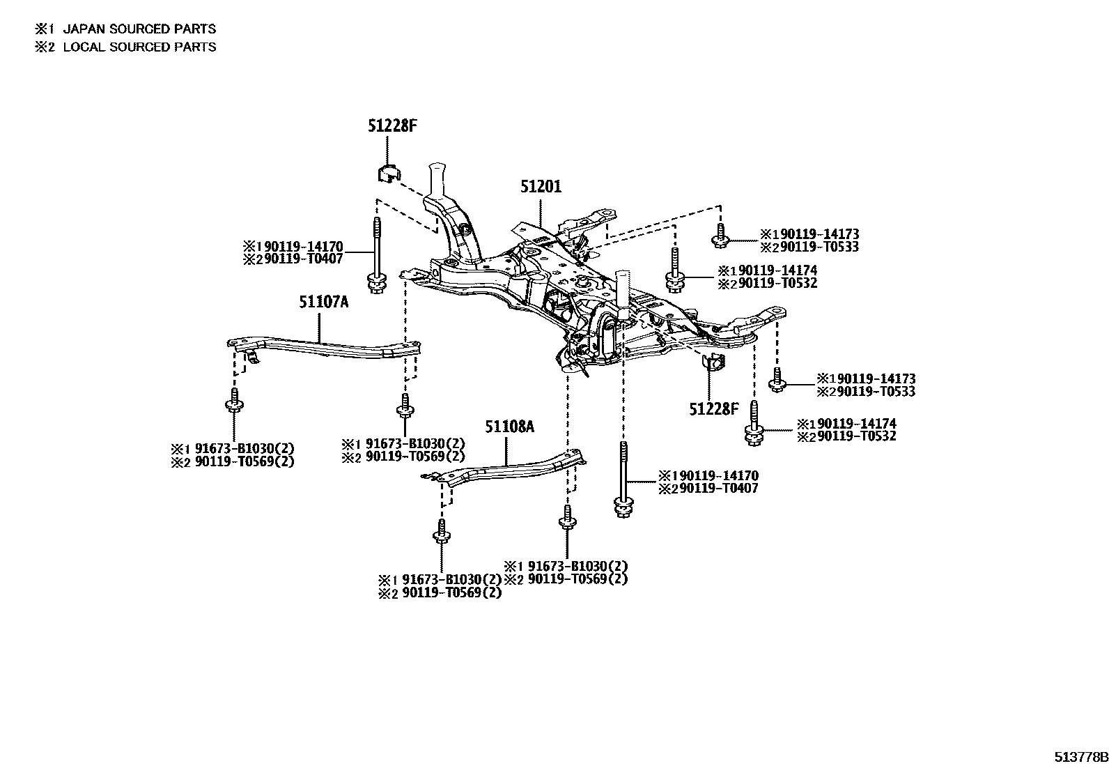 Toyota COROLLA 悬架横梁和发动机底罩 EPC diagram — 513778B