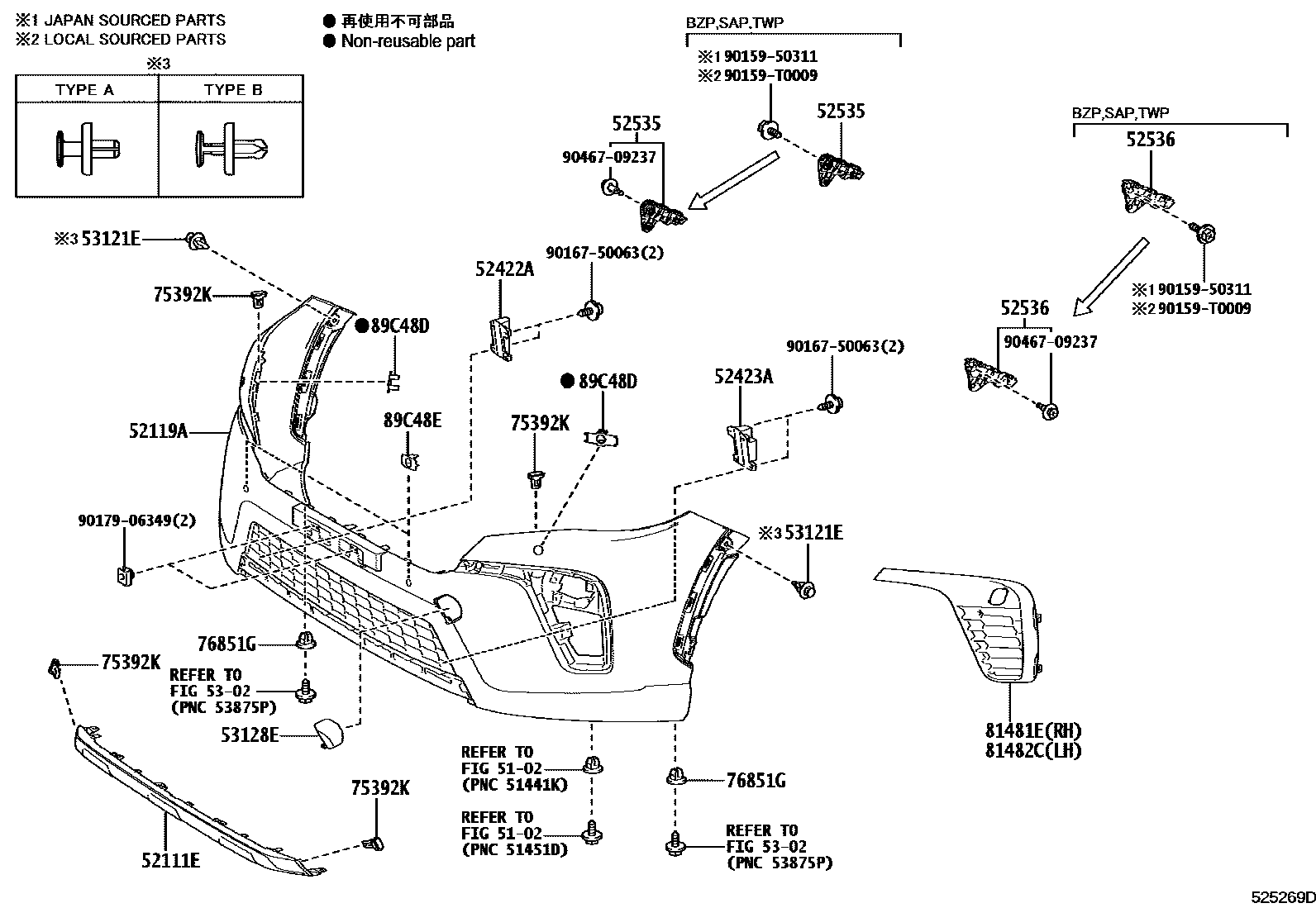 Toyota COROLLA 前保险杠及附件 EPC diagram — 525269D