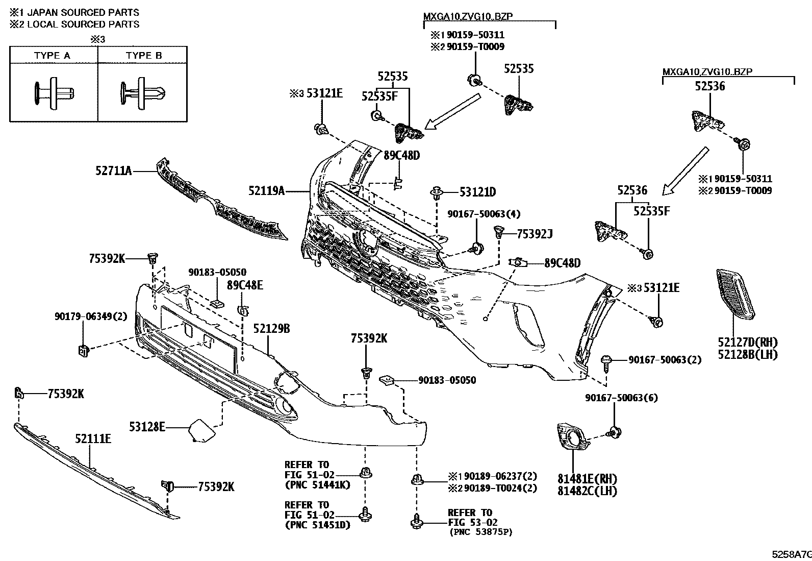 Toyota COROLLA 前保险杠及附件 EPC diagram — 5258A7G