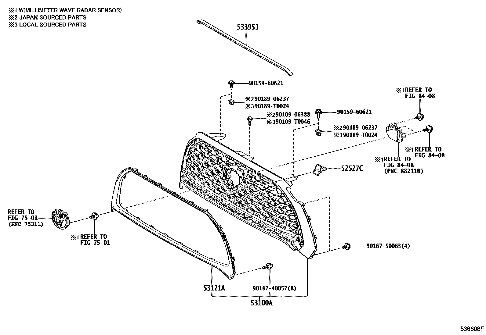 Toyota COROLLA radiator grille EPC diagram — 536808F
