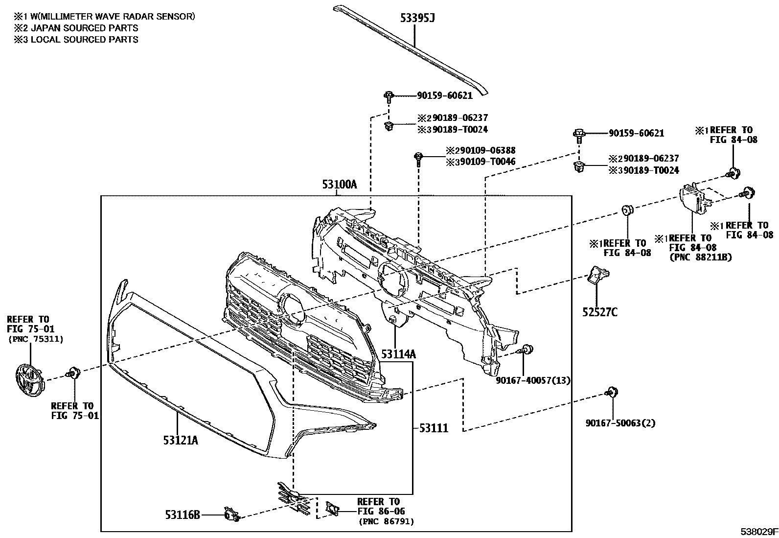 Toyota COROLLA radiator grille EPC diagram — 538029F